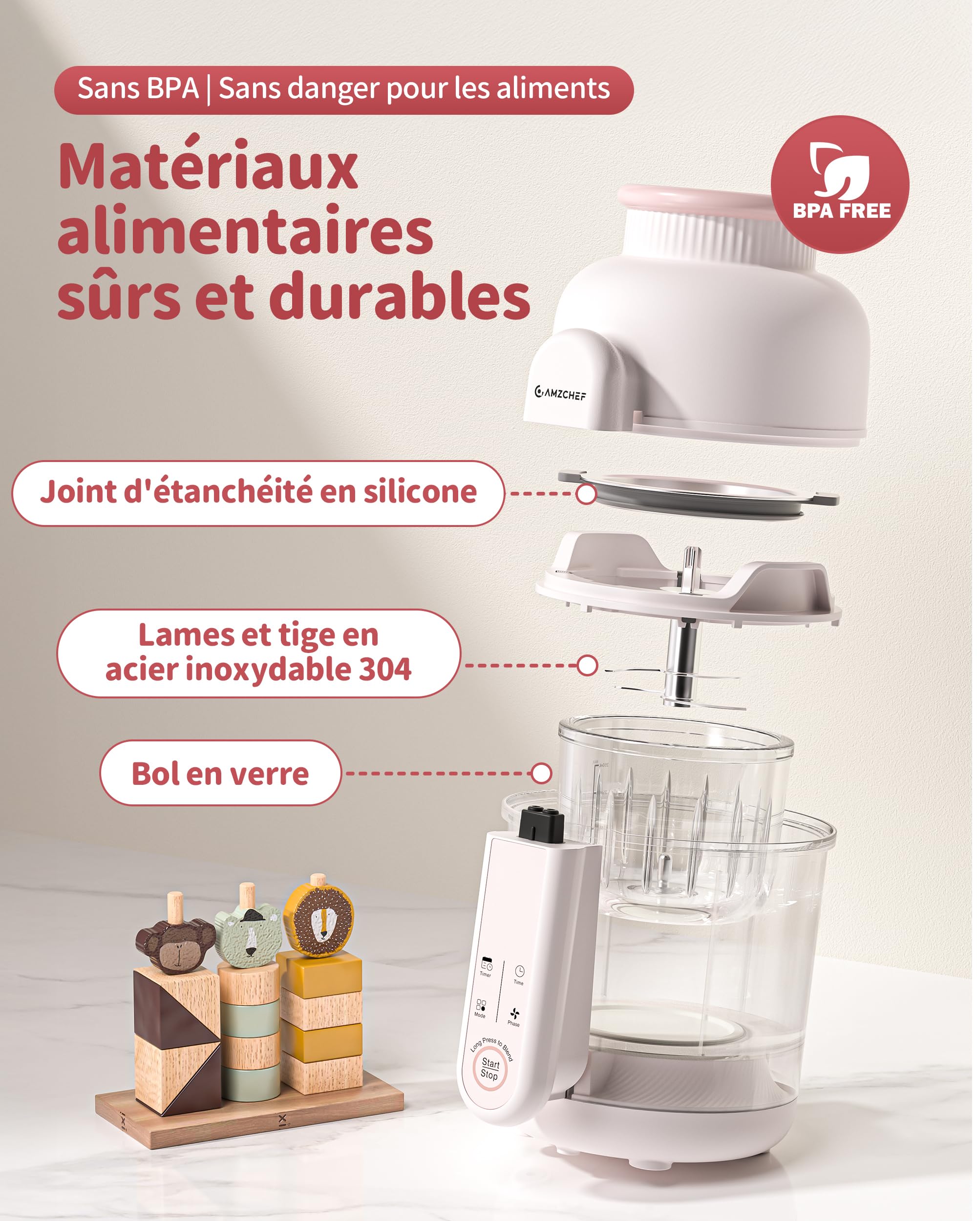 AMZCHEF Robot Cuiseur Bébé 6-en-1, Cuiseur Vapeur Mixeur 350 ml – Cuisson automatique & Hachage, Décongeler, Réchauffer – Commande Tactile, Lame 4 Couches, Sans BPA, Auto-Nettoyage