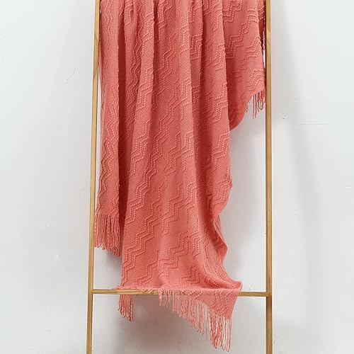 Miniatura 2 de CREVENT Manta decorativa de punto para sofá, silla, cama, suave, cálida, acogedora, ligera, para primavera y verano (50 x 60 pulgadas, salmón)