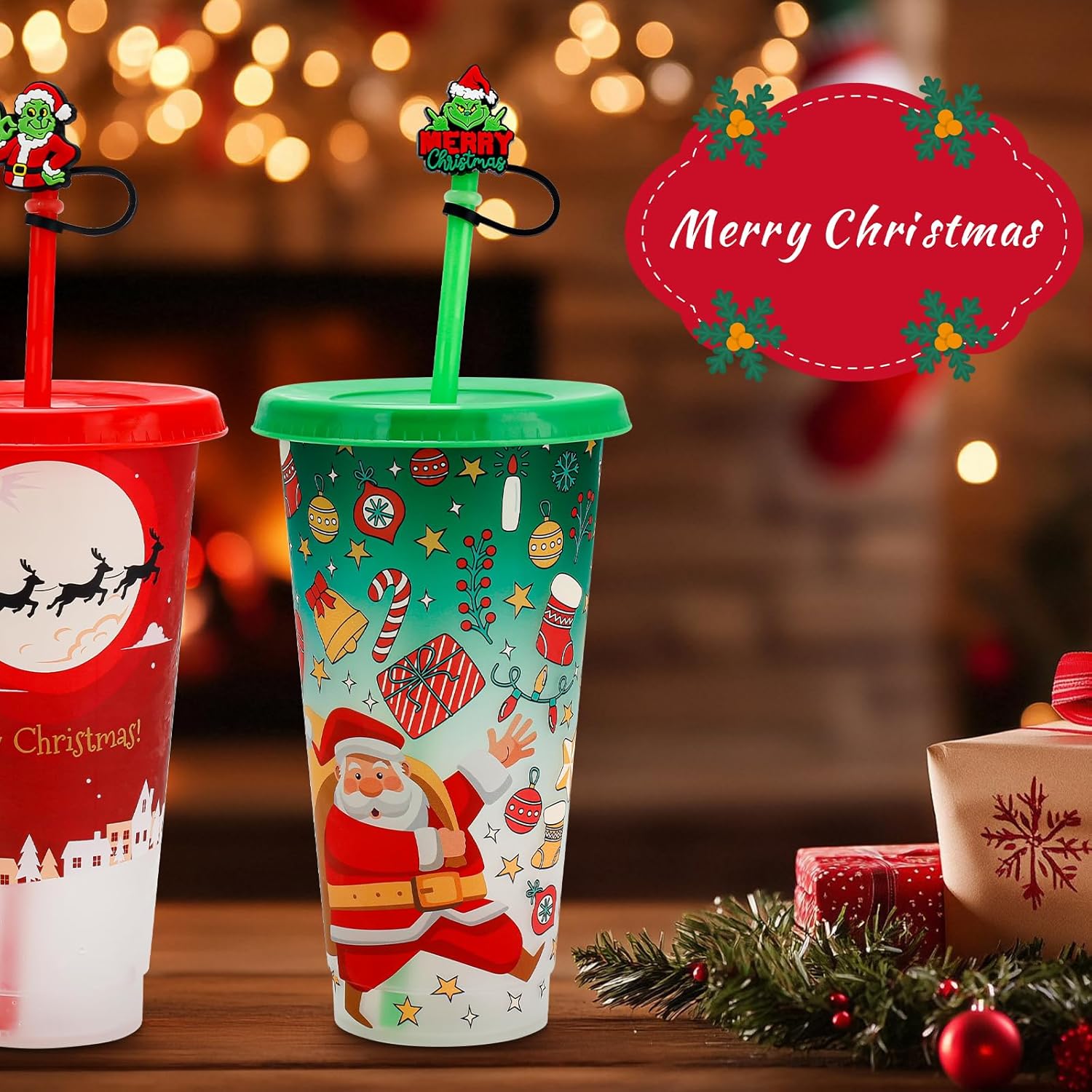 Christmas Color-Changing Cups 5-Pack – 24oz Reusable Plastic Tumblers with Lids, Straws & 5 Straw Covers for Merry Xmas, Holiday Parties & Secret Santa Gifts