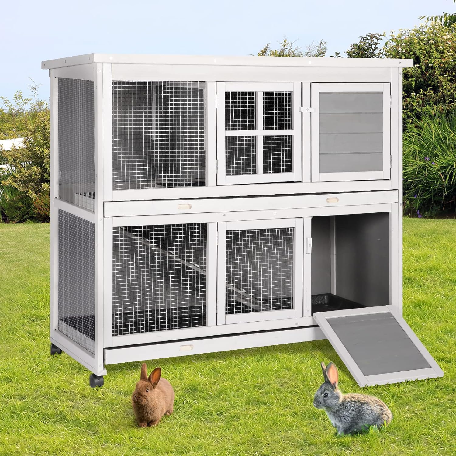 YODOLLA Clapier Lapin Exterieur sur roulettes, Clapier Lapin Interieur en Bois, 119 x 51 x105cm