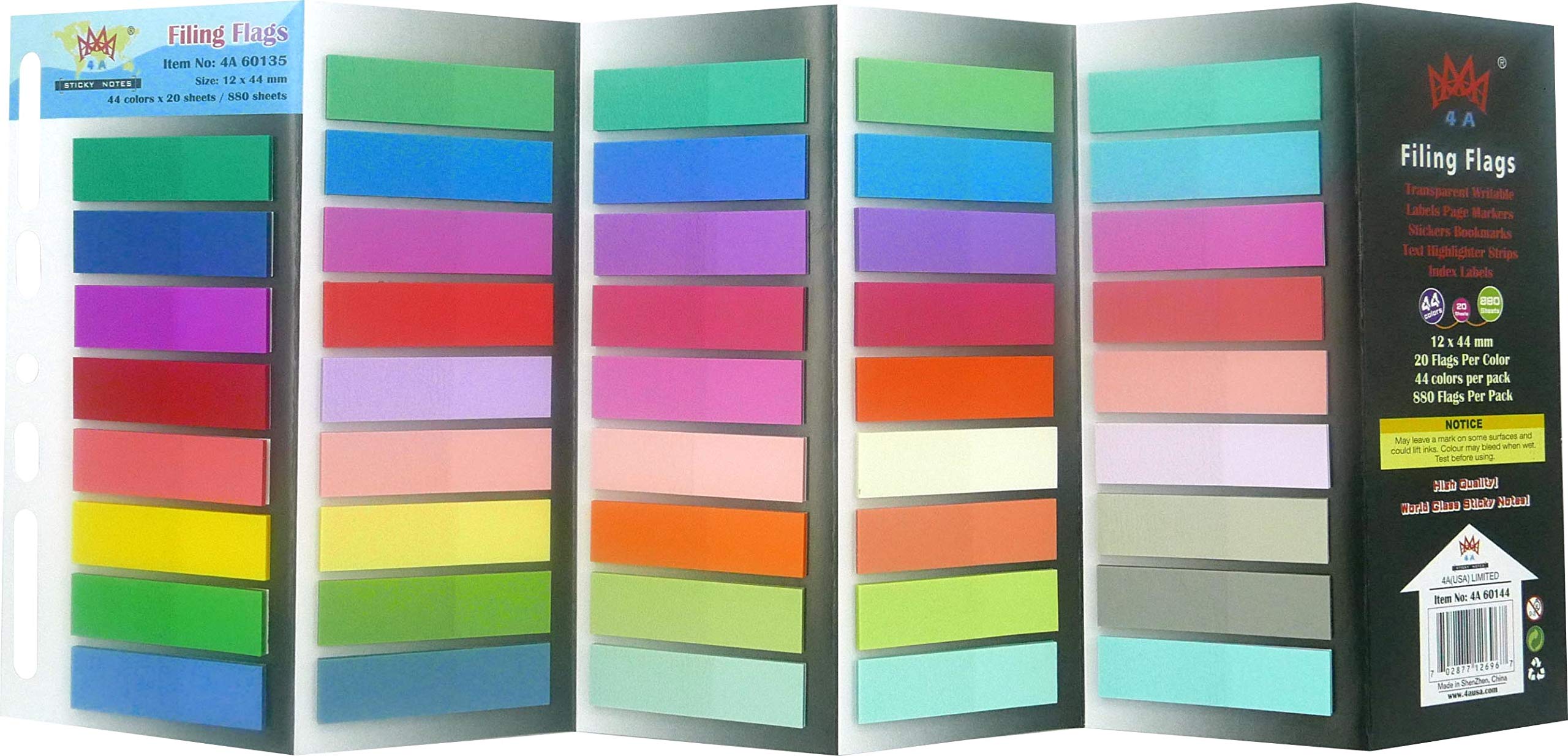4A Zestaw flag samoprzylepnych, 44 różne kolory, znacznik stron, fluorescencyjna etykieta indeksu kolorów, przezroczyste zakładki flagi, paski tekstowe, etykiety do zapisywania 12 x 44 mm, łącznie