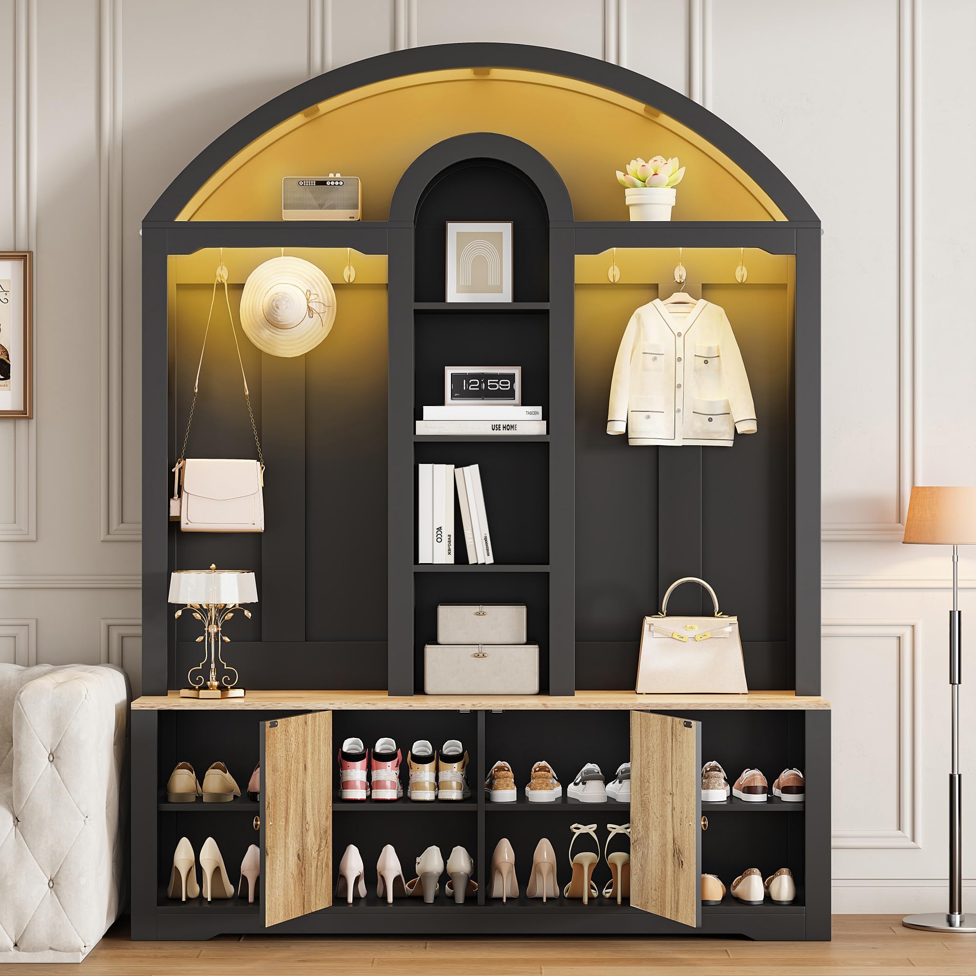 Garderobenset Hoch 195 cm mit LED Licht und Sitzbank, Garderobenschrank Flurgarderoben Set mit Haken und Schuhschrank, Schwarz