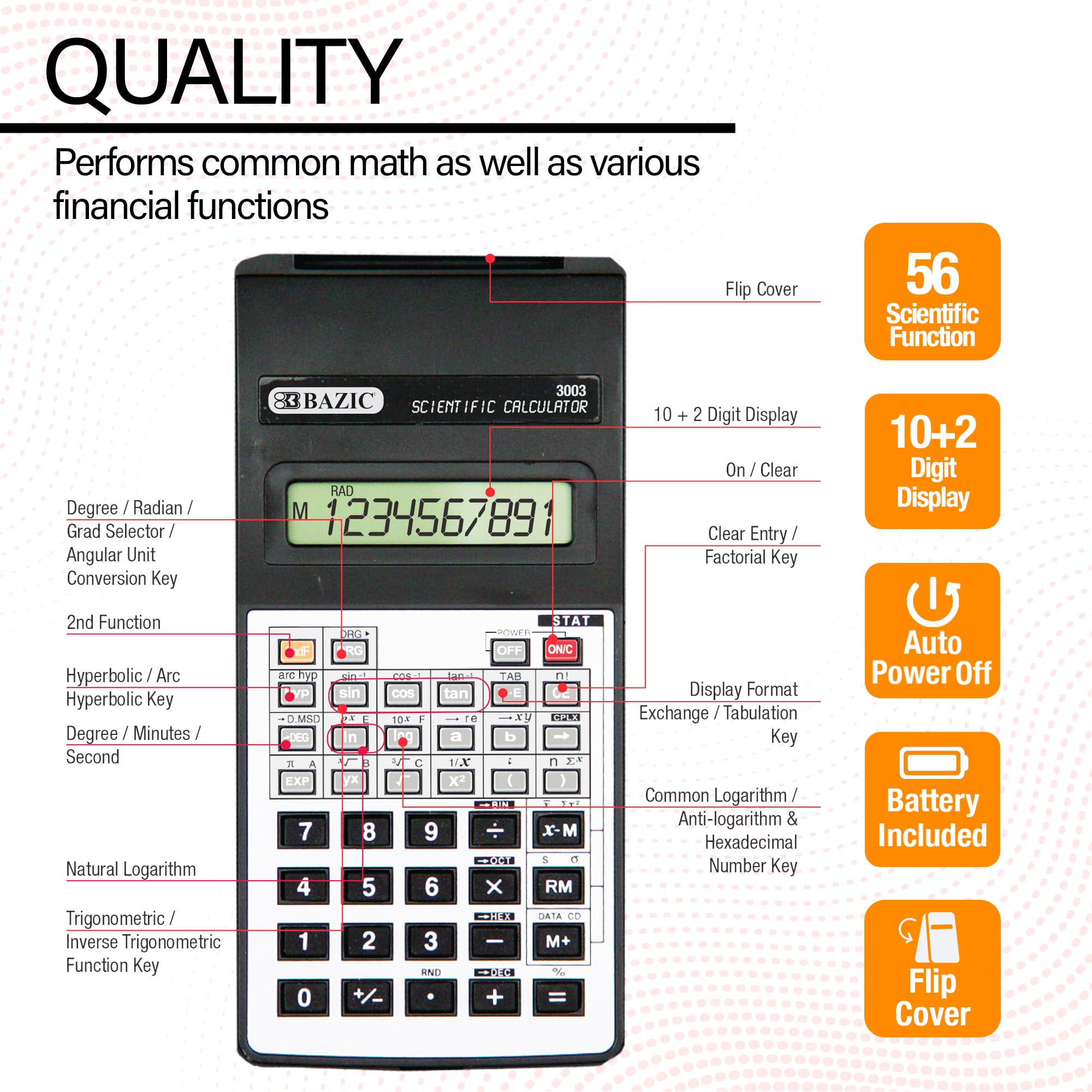 BAZIC Calculatrice Scientifique à 10 Chiffres avec Rabat