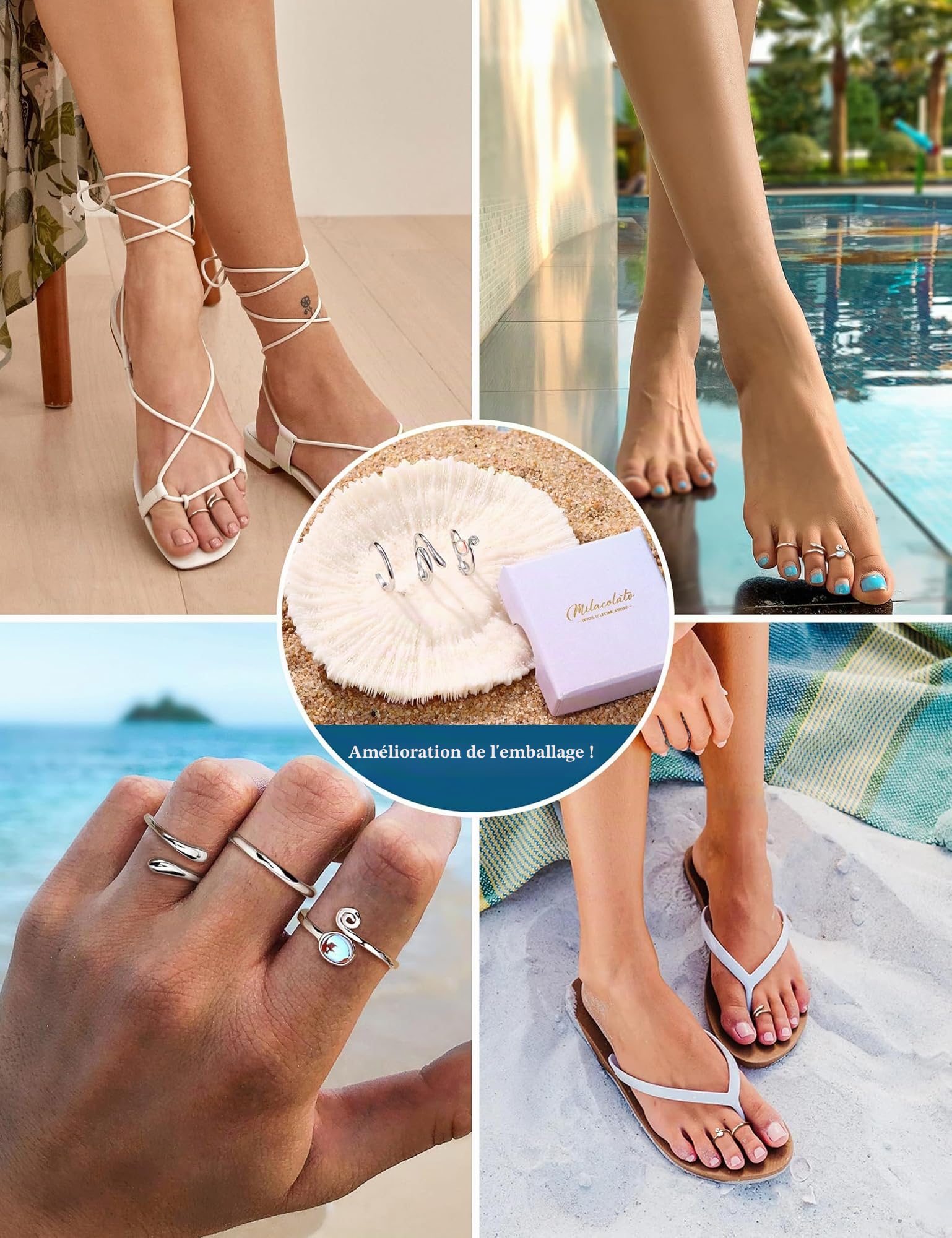 MILACOLATO 3PCS Bagues D'orteils Argent 925 pour Femmes Réglable Pierre de Lune Bande Queue Ouvrir Bagues D'orteils Femmes Pieds de Plage Ensemble Bijoux