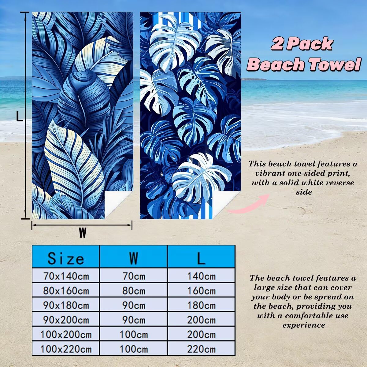 Ręcznik plażowy 90 x 180 cm, ręcznik gimnastyczny z mikrofibry szybkoschnący, zestaw 2 anty-piaskowych ręczników plażowych, lekki kompaktowy ręcznik z mikrofibry duży do podróży, prezent dla kobiet i
