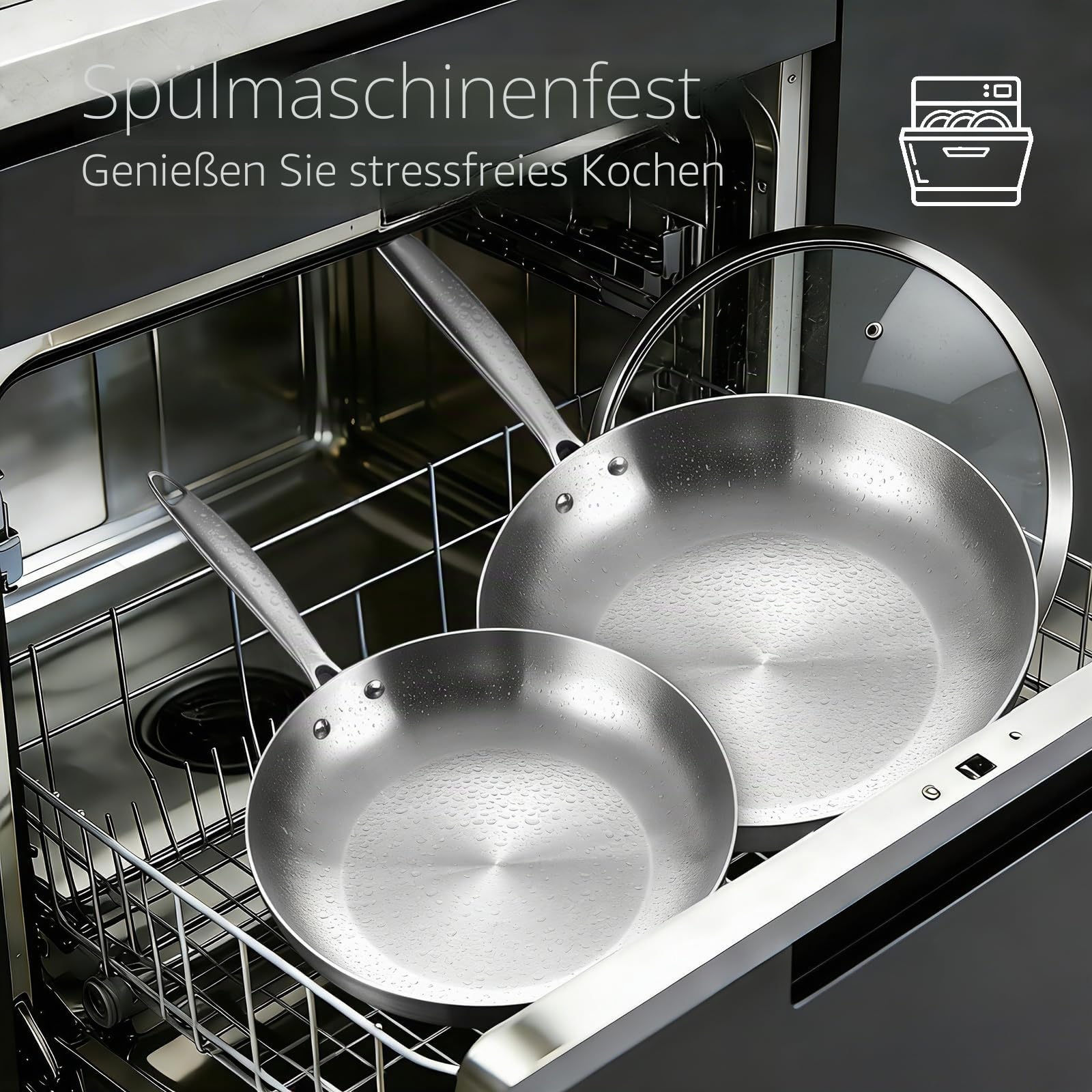 Inqibee Edelstahlpfanne Bratpfannenset Unbeschichtet 22cm+26cm mit Deckel | Pfannenset Edelstahl, Edelstahl-Bratpfannen-Set, Für Induktion & alle Herdarten - Ofenfest, Spülmaschinenfest