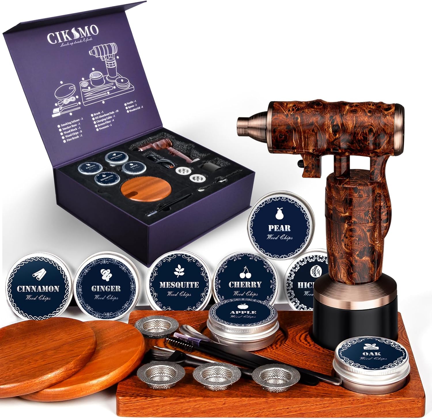 Electric Whiskey Smoker Kit - Rechargeable Smoker Gun for Drinks Food, Smoked Old Fashion Cocktail Bourbon Infusing Kit, 8 Wood Chips, Birthday Unique Gifts for Men Husband, Bar Tool Set, Brown