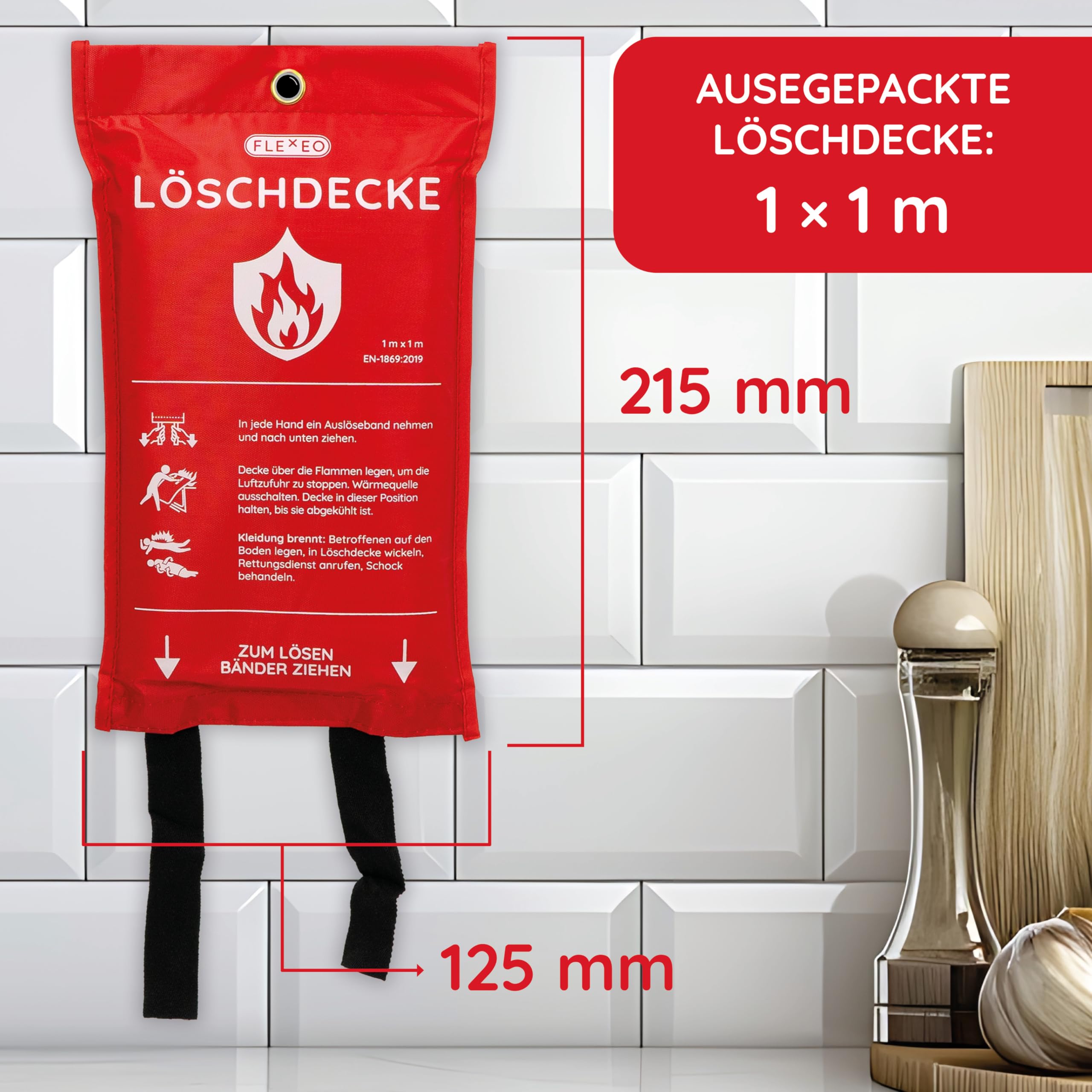 FLEXEO Koc gaśniczy DIN EN 1869:2019 – 1 x 1 m – koc gaśniczy do kuchni – koc przeciwpożarowy do pożaru tłuszczu – koc ognioodporny, koc ognioodporny