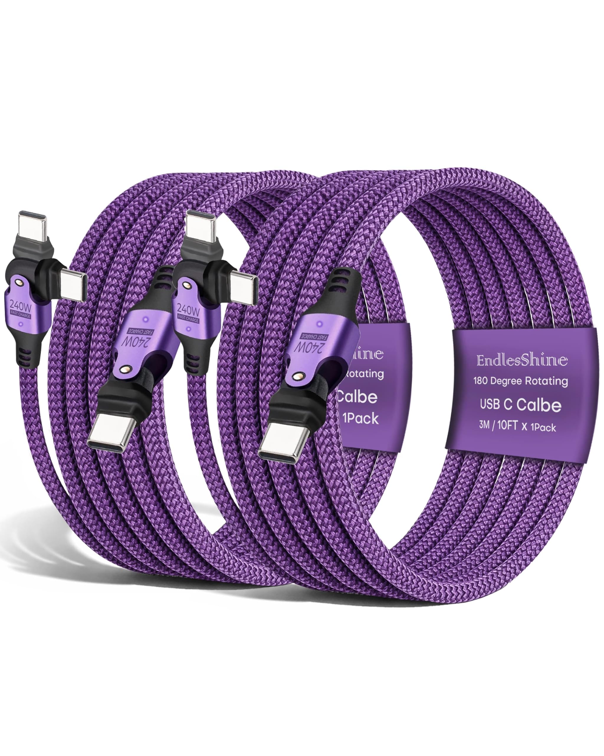 USB Cable Type C to C 180° Rotation PD 240W (2- Pack 6+6ft) USB2.0 480MBPS & Data Transfer Cable Phone Charge Cord for Type C Devices (Purple): 3FT X2 Purple