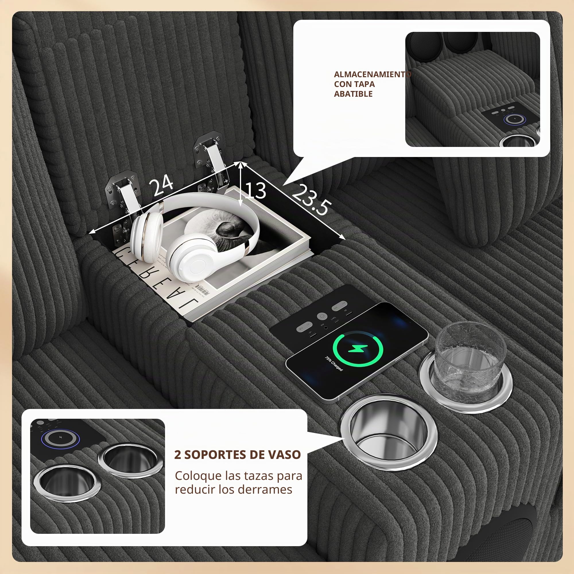 Sofá Convertible de 4 plazas en U con USB C (carga inalámbrica) y altavoz Bluetooth, sofá esquinero de pana con 2 reposapiés y 2 portavasos, sofá modular al salón Appt, gris