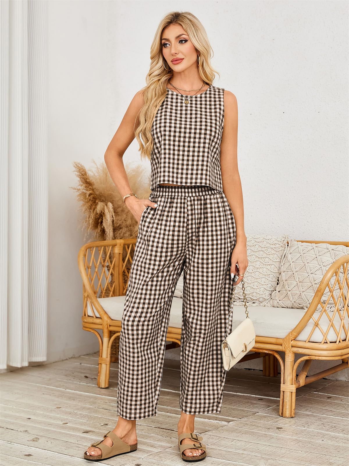 SotRong Gingham - Conjunto de dos piezas de verano para mujer, ajuste holgado, a cuadros, patrón a cuadros, ropa de ocio, cuello redondo, sin mangas, cintura alta, pantalones recortados, elegante, Y2k