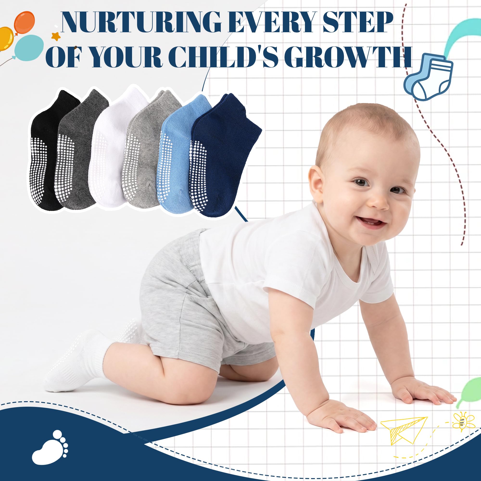 GRPSKCOS Calcetines antideslizantes para bebés de 0 a 7 años, 12 pares de calcetines de tobillo antideslizantes para niñas y niños