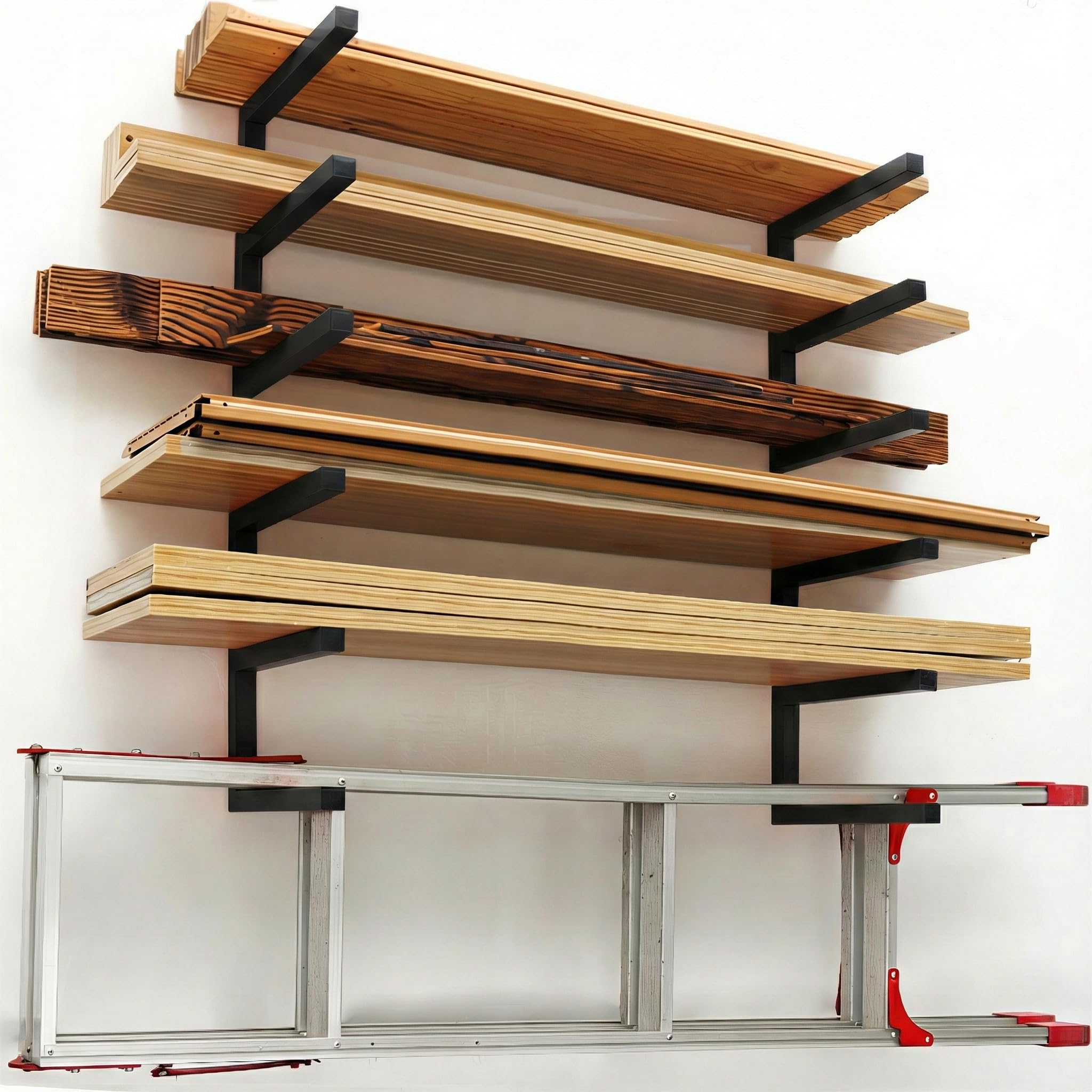 MOOMSINE Estante de almacenamiento de madera para montaje en pared, organizador de madera de metal resistente con 6 niveles cada estante soporta hasta 200 libras, uso en interiores y exteriores, color