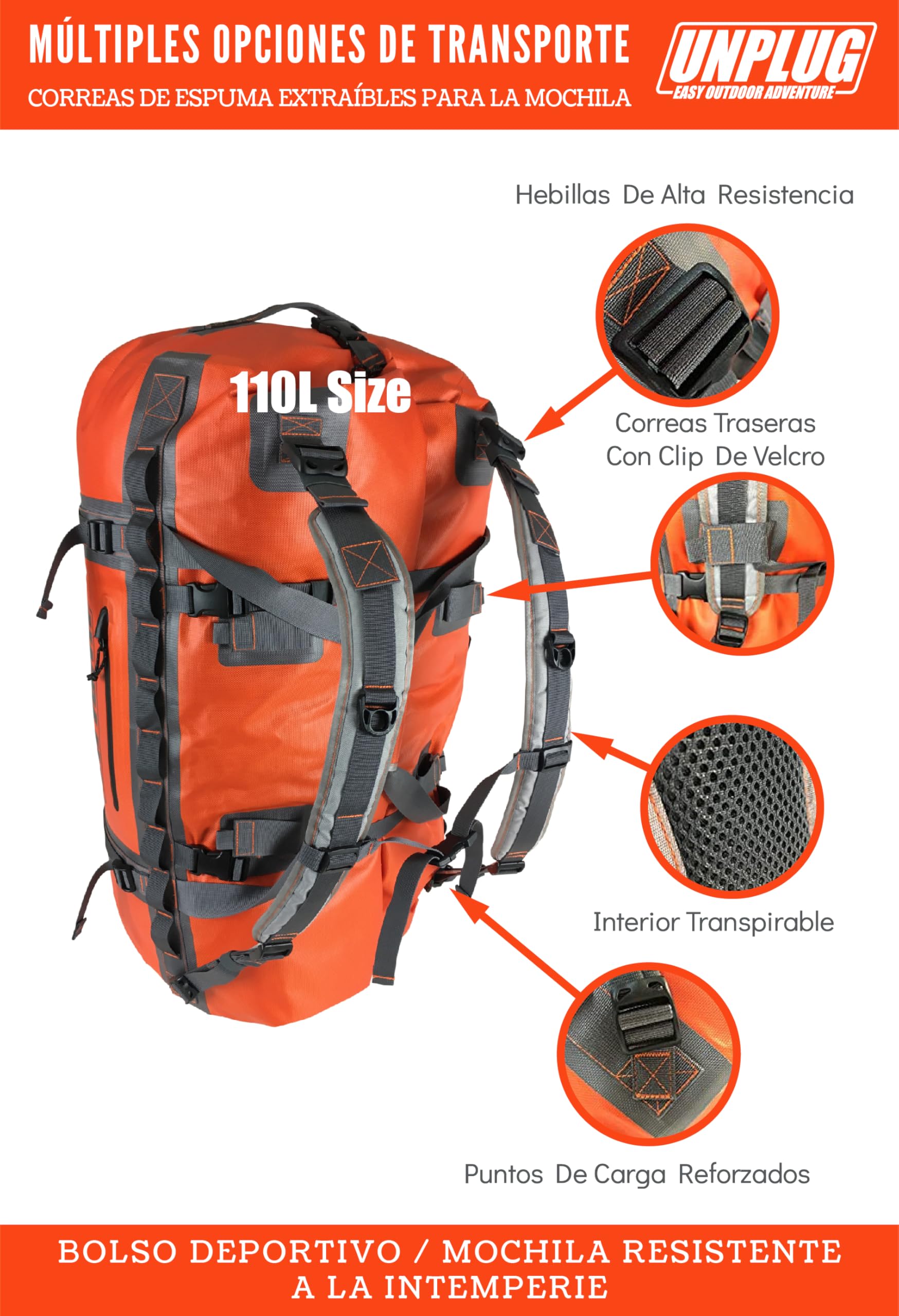 Unplug Ultimate Adventure Bag -1680D Bolsas Impermeables Viaje de Alta Resistencia para Camping, Bolsa Seca para Moto, Bolsas Impermeables para navegar, Mochila Impermeable, Duffle Bag táctica