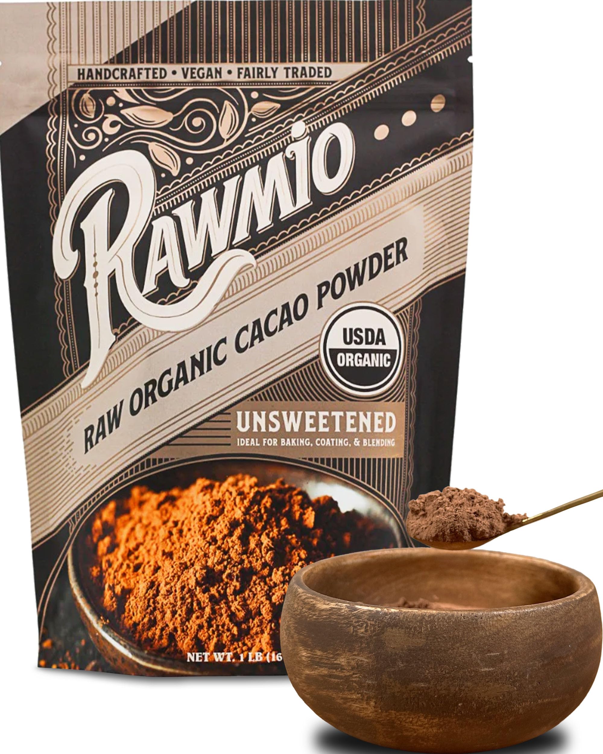 Rawmio Raw Organic Cacao Powder - Nutrient-Dense with Dietary Fiber, Iron, & Calcium - Rich & Creamy Raw Cacao for Drinking or Baking - Organic Cocoa Powder Alternative - 16 oz, Pack of 1