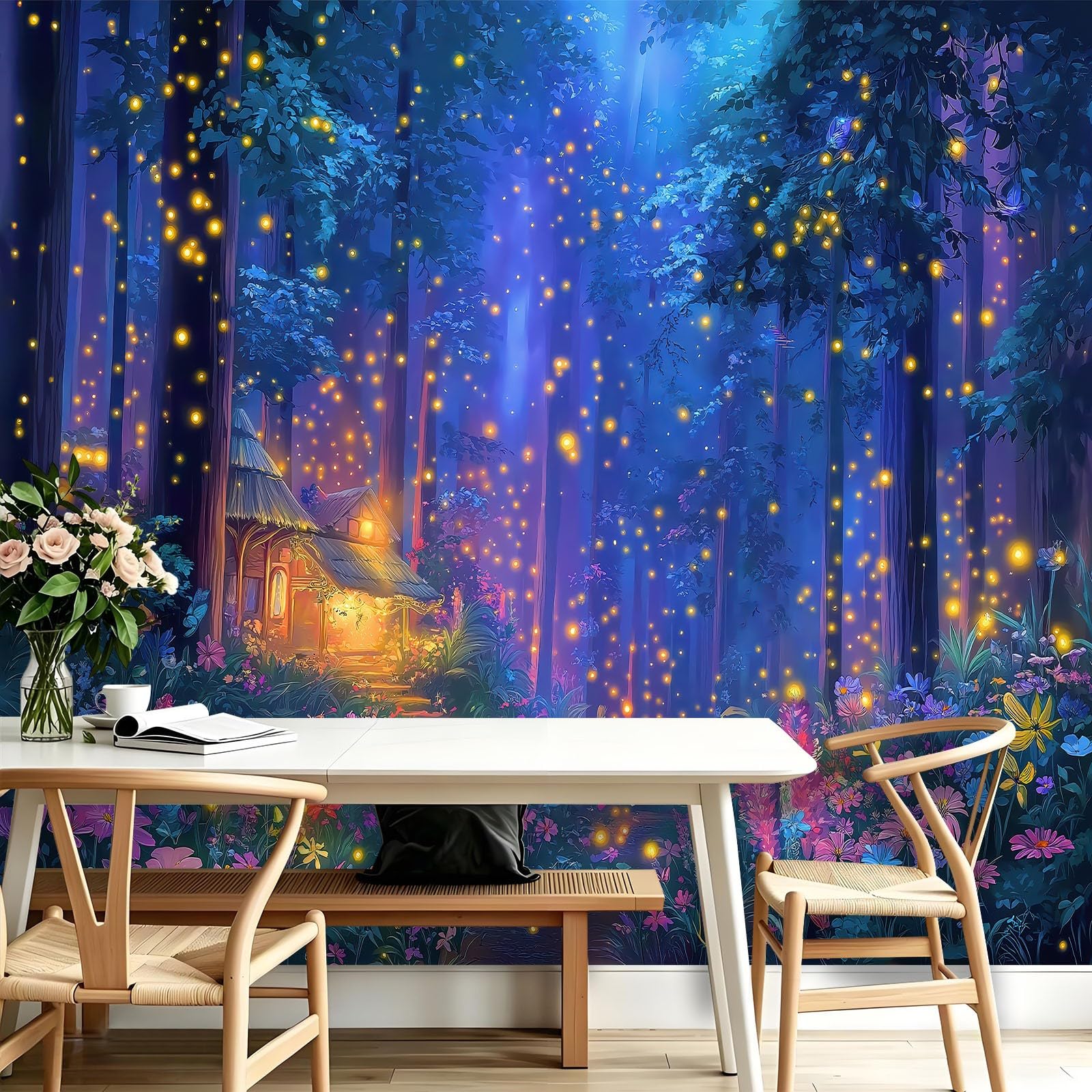 Générique Tapeta 3D las świetliki model chaty, panoramiczna tapeta 200 x 140 cm - do salonu sypialnia łazienka i kuchnia dekoracja ścienna plakat, fantazyjna scena nocna