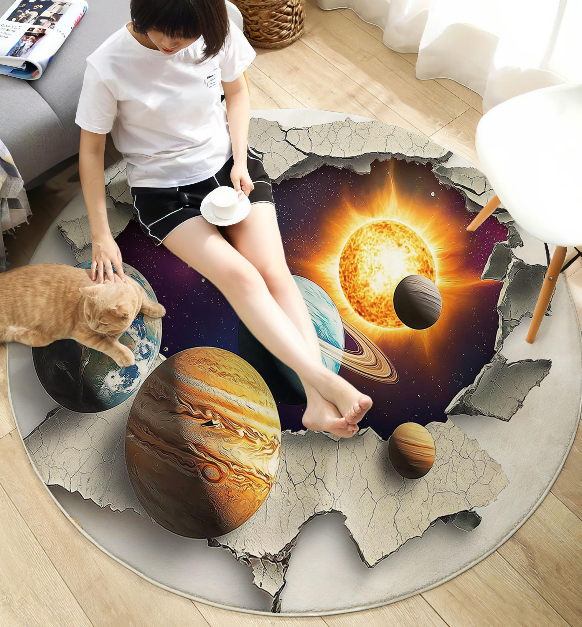 Tapis Rond Système Solaire Planètes 100cm, Art 3D Chic Lavable en Machine Salon Tapis Antidérapant, Moquette Imprimé pour Salle à Manger, Chambre d’Enfant, Nurserie, Violet