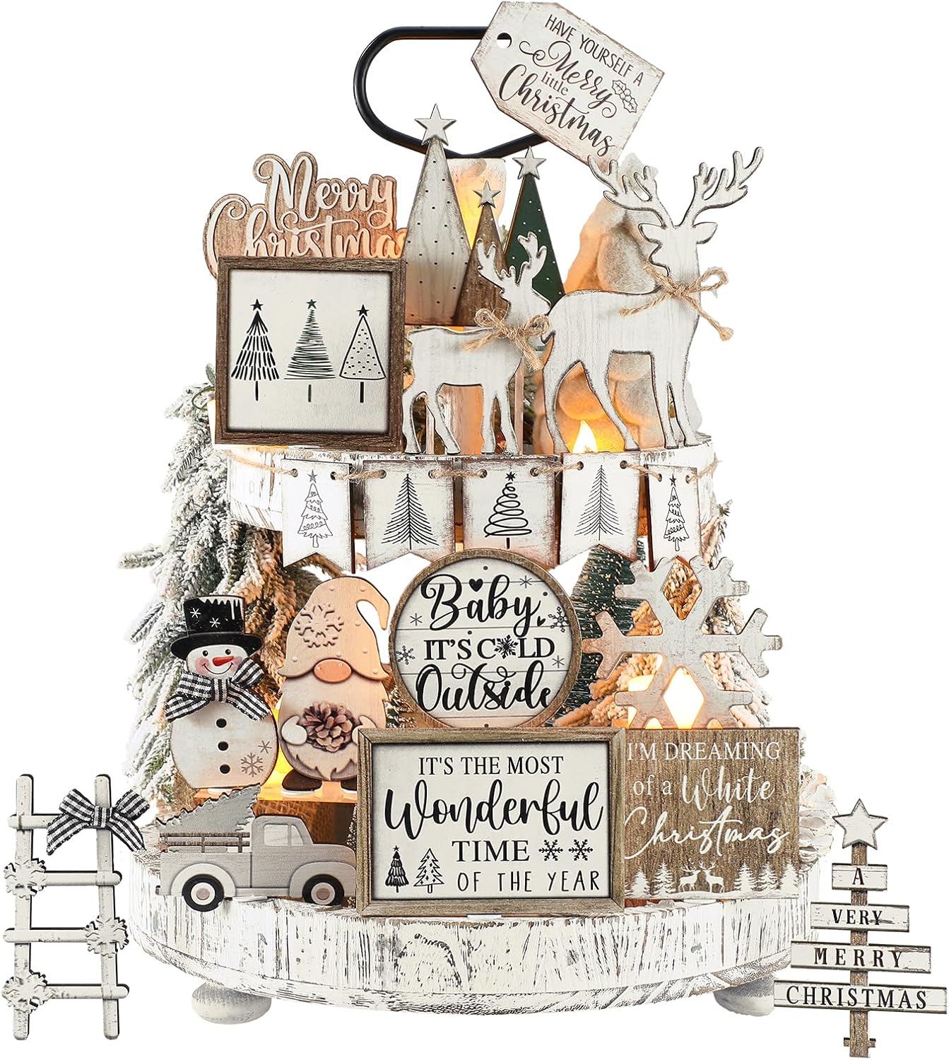 Shellwei 20 Pcs Neutral Christmas Tiered Tray Decor Rustic Winter Tiered Tray Farmhouse Christmas Decoration Xmas Trees Gnome Elk Snowflake Wooden Signs for Home Table Shelf 20 Vintage