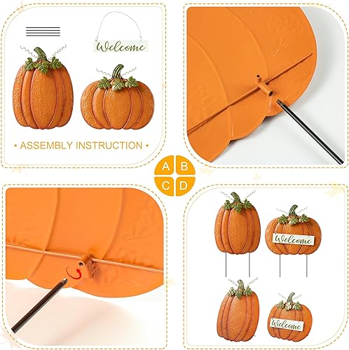 Miniatura 5 de Glitzhome Juego de 2 estacas de jardín para decoración de otoño, juego de 2 letreros grandes de calabaza de metal de otoño para patio, calabaza