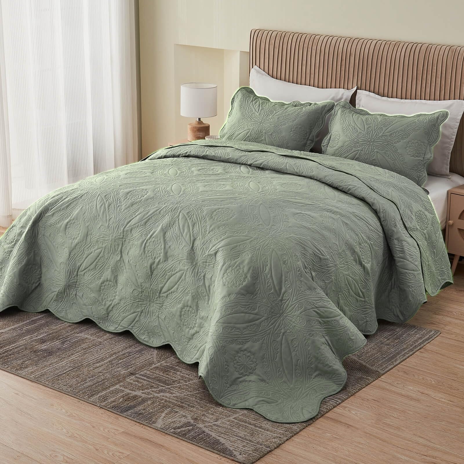 Kingnex Oversized King Bedspreads 128x120 Ultrasonic Quilted Sage