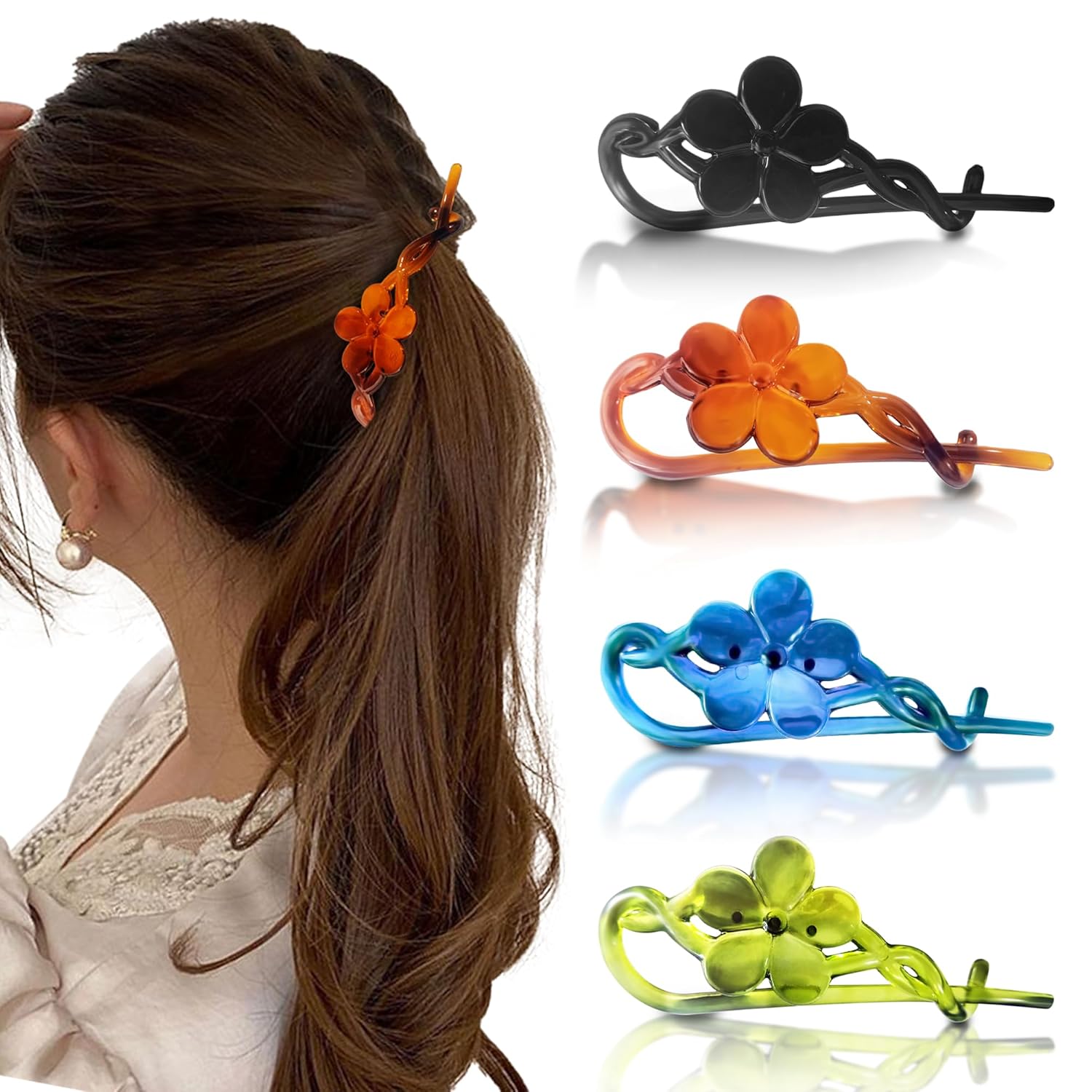 Sanas Flower Hair Clip 4Pcs Self Lock Banana Fancy Hair Accessories For Women Banana Hair Clips Korean Acrylic Twisted Hair Clips French Clips 4Pcs