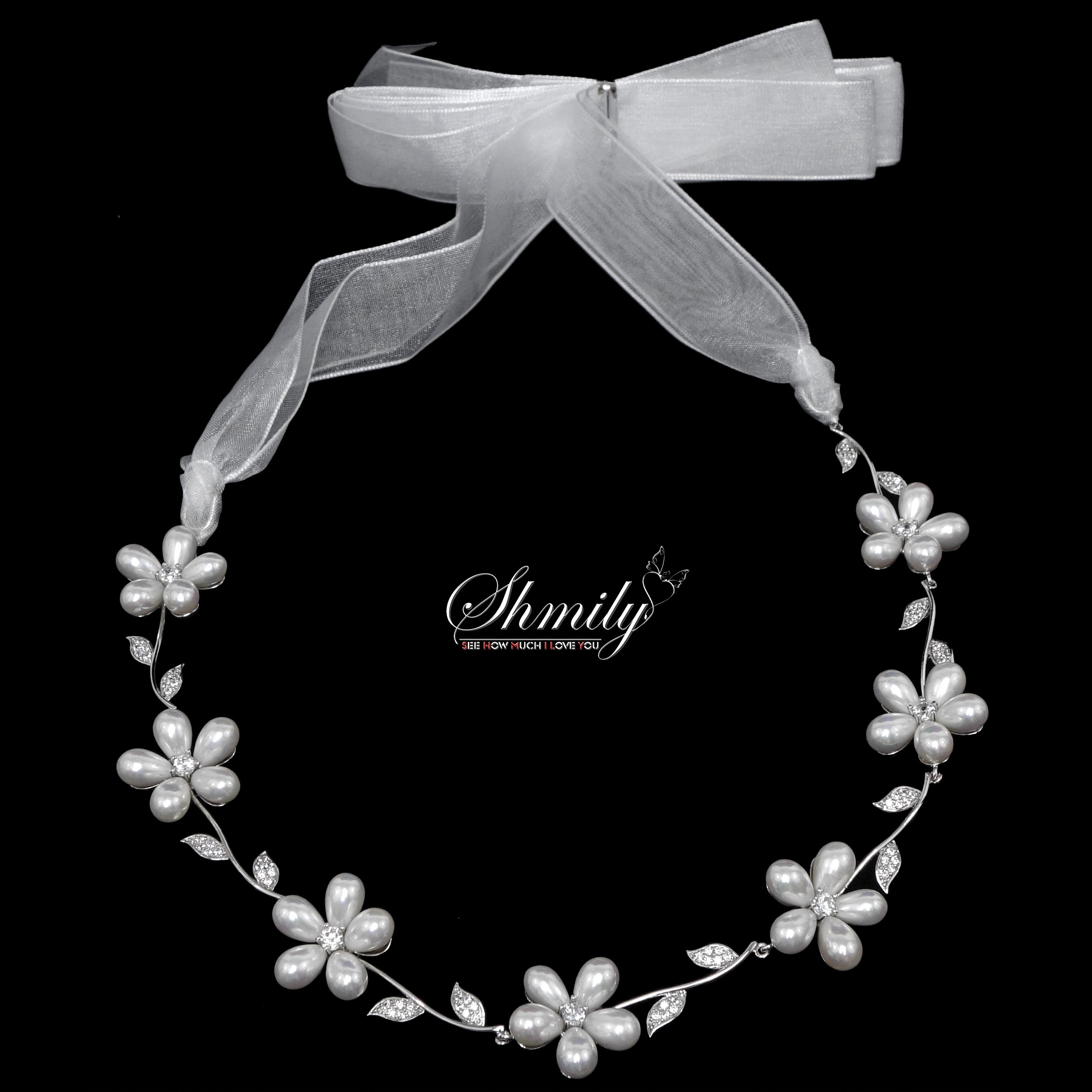 SHMILY Premium Wedding Pearl CZ Tiara Bridal Hair Jewellery Silver New DH0009