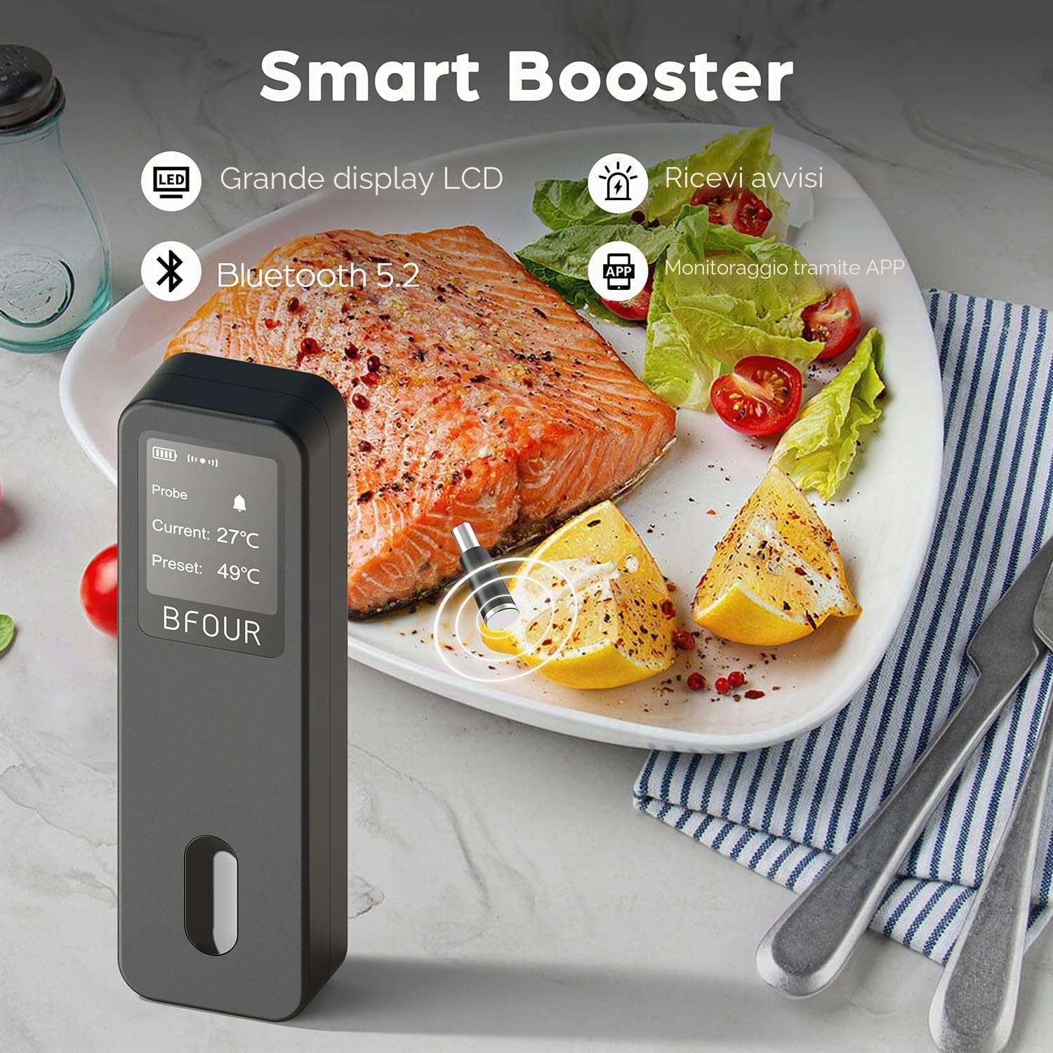 BFOUR 2025 - Termometro da carne senza fili, con Bluetooth, doppio allarme, monitoraggio app, IP67, impermeabile, termometro da forno per barbecue, forno, affumicatore, girarrosto
