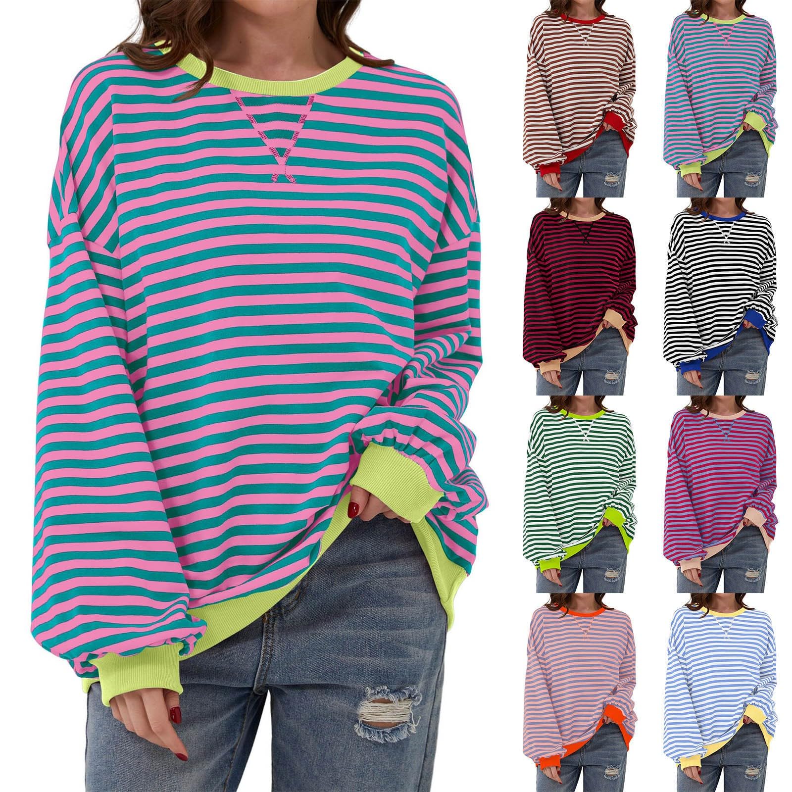 HUIFUAO Bluza damska w paski, kolorowa, pulower, casualowa, z okrągłym dekoltem, długim rękawem, oversize’owa