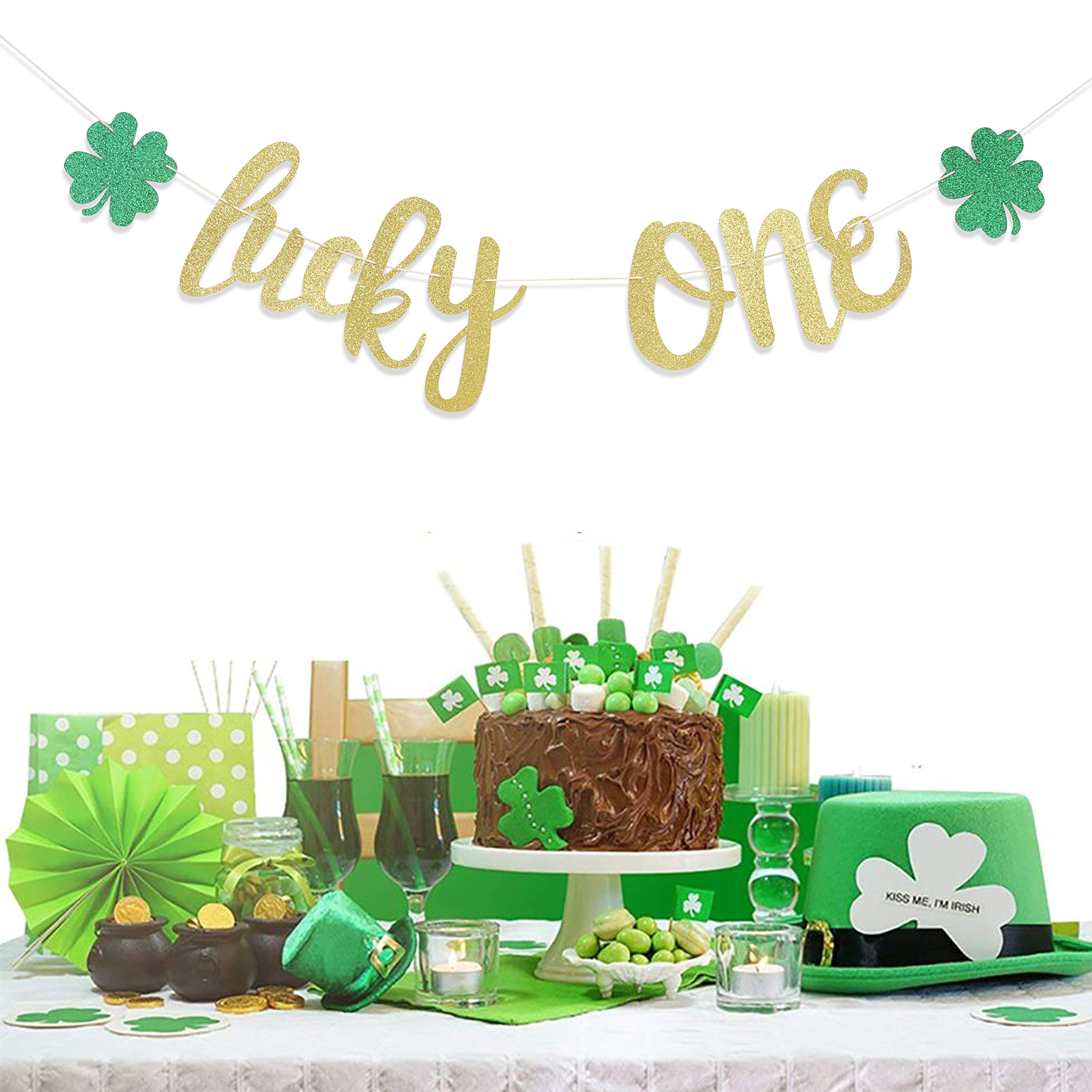 MADENG Lucky One St. Patrick's Day First Birthday Banner - Shamrock Theme Party Decor, Green & Gold Cardstock