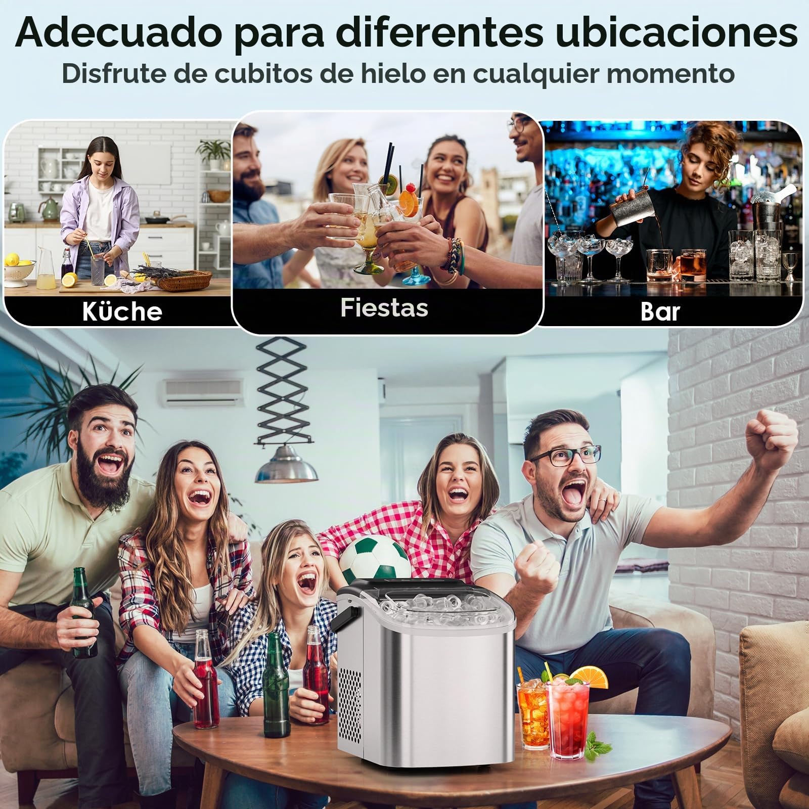 Maquina de Hielo, 9PCS Cubitos de Hielo en 6 Min, 12kg/24h, 2 Tamaños de Cubitos, Maquina de Hacer Hielo con Asa de Transporte/Pala para Hielo, Maquina Hielo con Autolimpieza para Casa/Cocina/Oficina