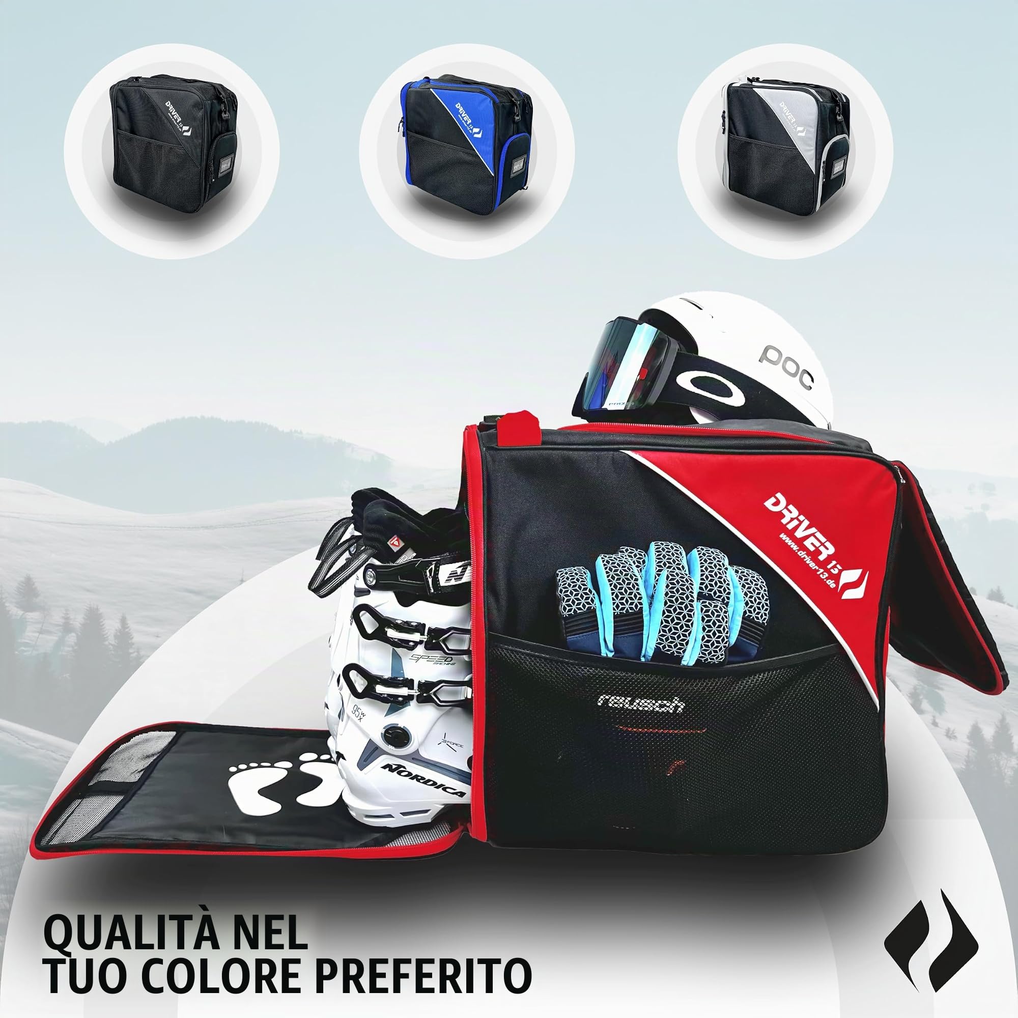 Driver13 Borsa per stivali da sci con scomparto per stivali, per stivali o snowboard (nero-rosso)