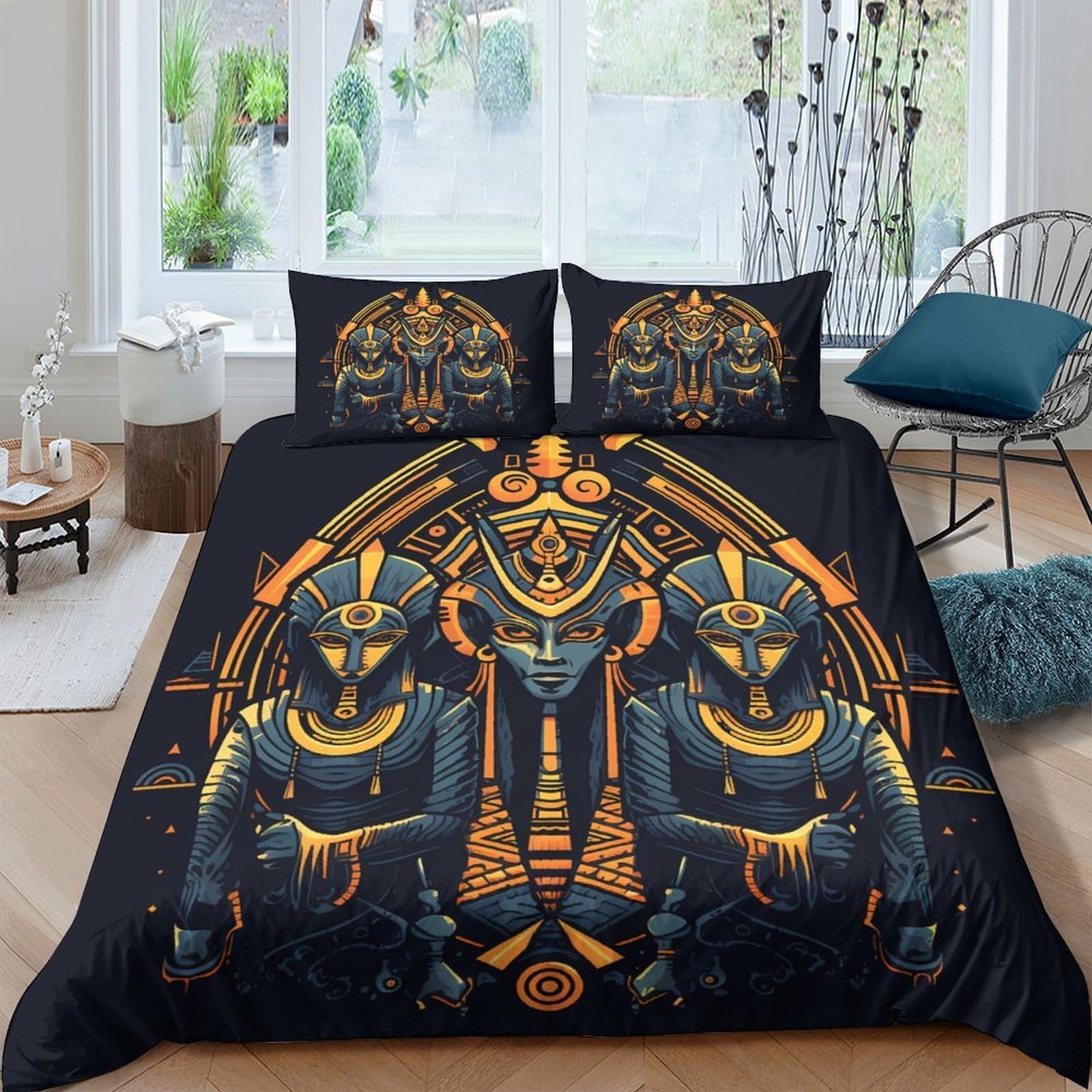 Ctjqhvkz Style-2 3D Printed Egyptian Pharaoh Fitted Sheet Microfiber Soft Black Gold Ancient Statue Mattress Cover Bedroom Decor Single（135X200cm）