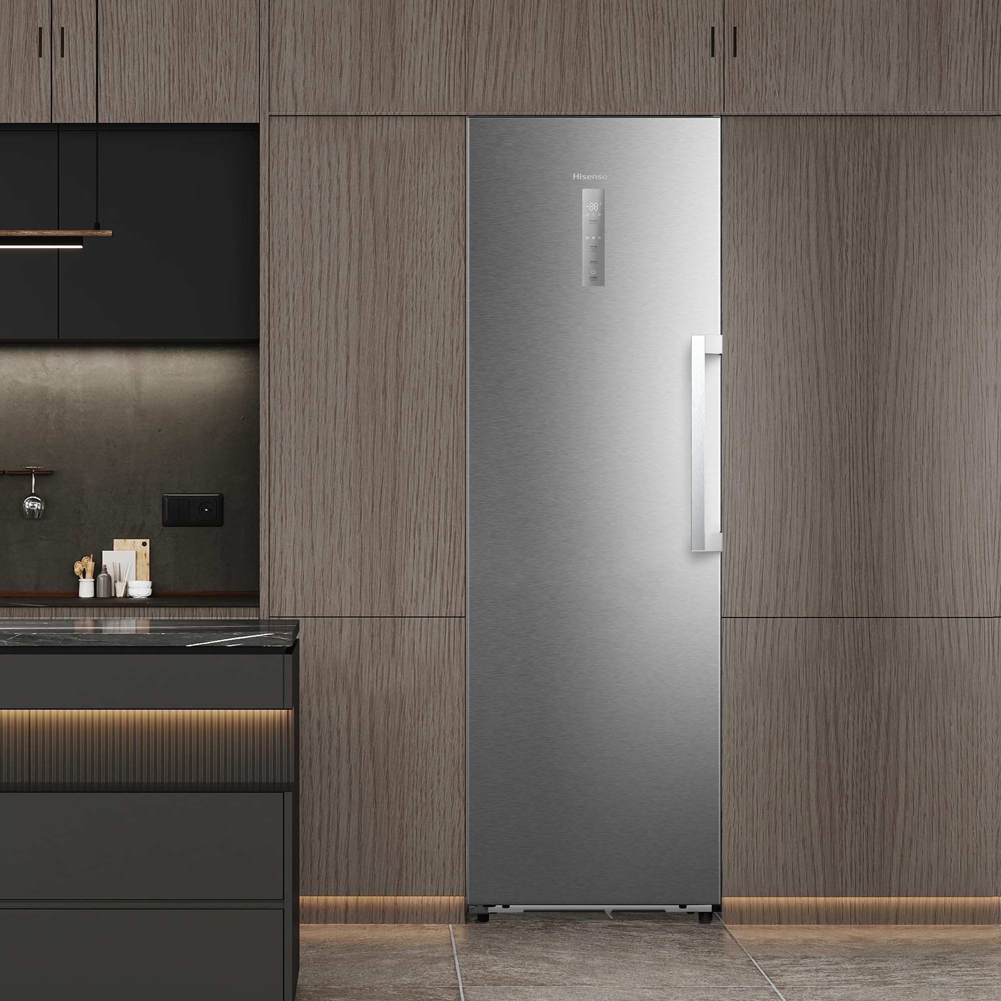 Hisense FT3K310SAIE1 - Congelador Una Puerta Total No Frost Kitchen Fit, 312L, 186cm, Ventilación Inferior, Apertura de Puerta 90º, Metal-Tech Cooling, Tirador de Apertura Fácil, WiFi, Inox