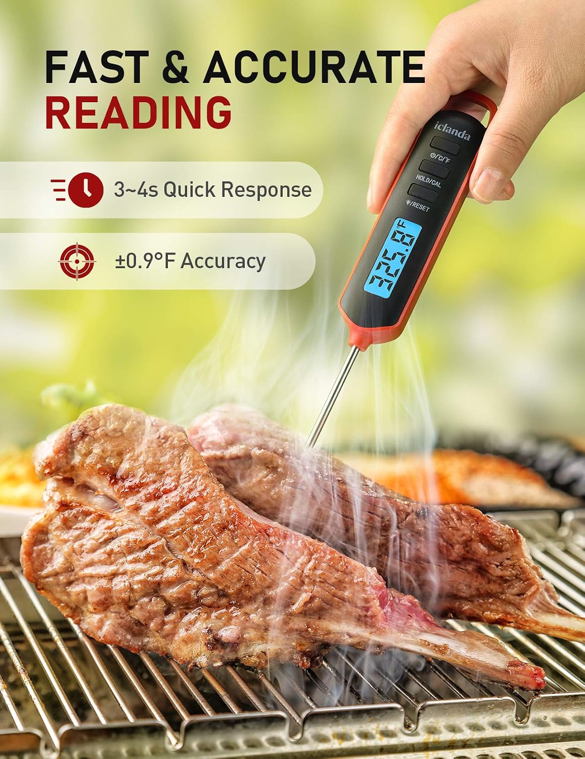 Iclanda Instant Read Meat Thermometer for Grill, Large LCD Backlit Light, Waterproof, Calibration&Reset, Digital Cooking Thermometer for Baking, Frying, Liquids, Meat&BBQ (Vermeil)