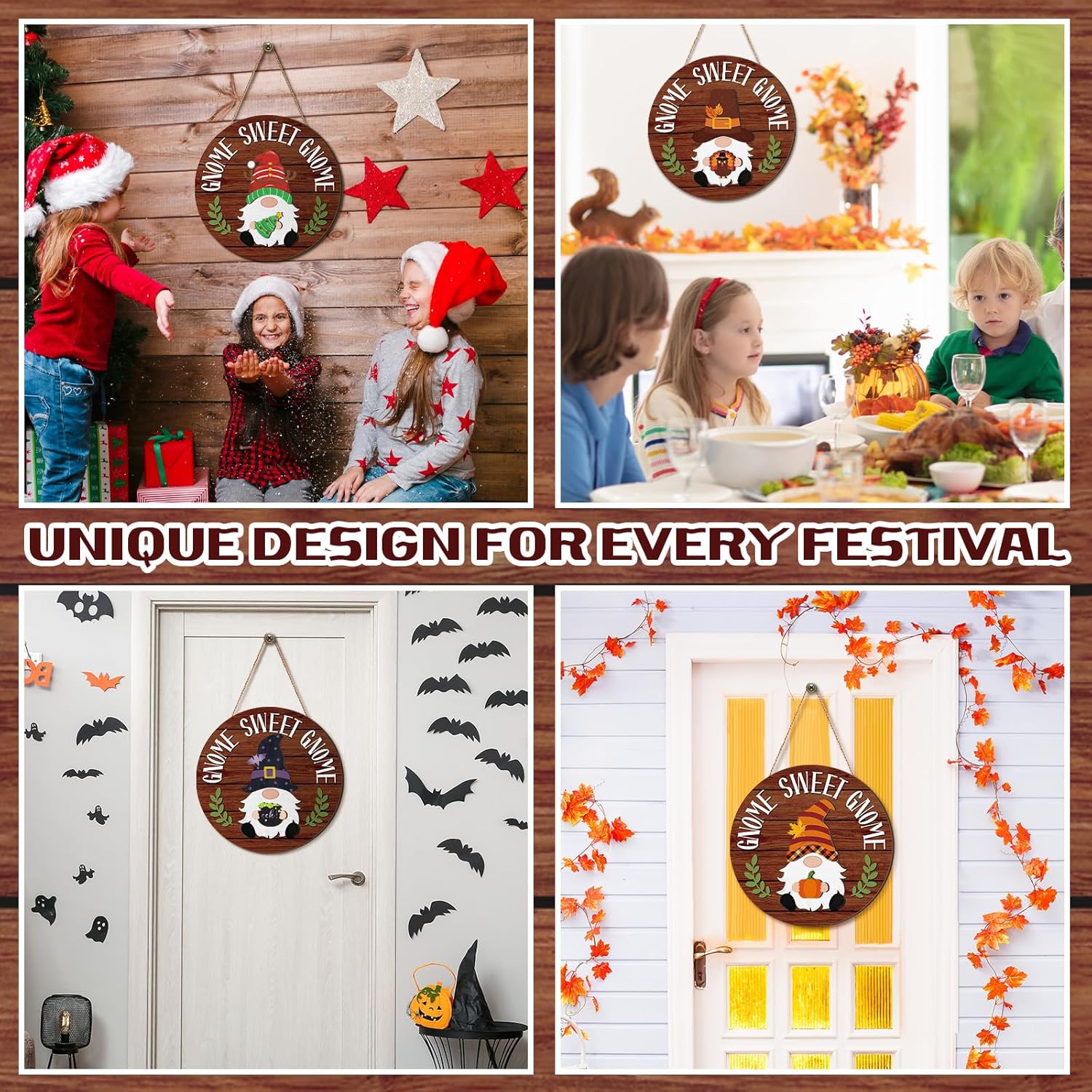 Wenqik 41 Pcs Interchangeable Sweet Gnome Signs Holiday Wooden Seasonal Gnome Decor Detachable Magnet Hat and Hand Welcome Sign for Home Decoration(Farmhouse,Dark Brown) - Image 6