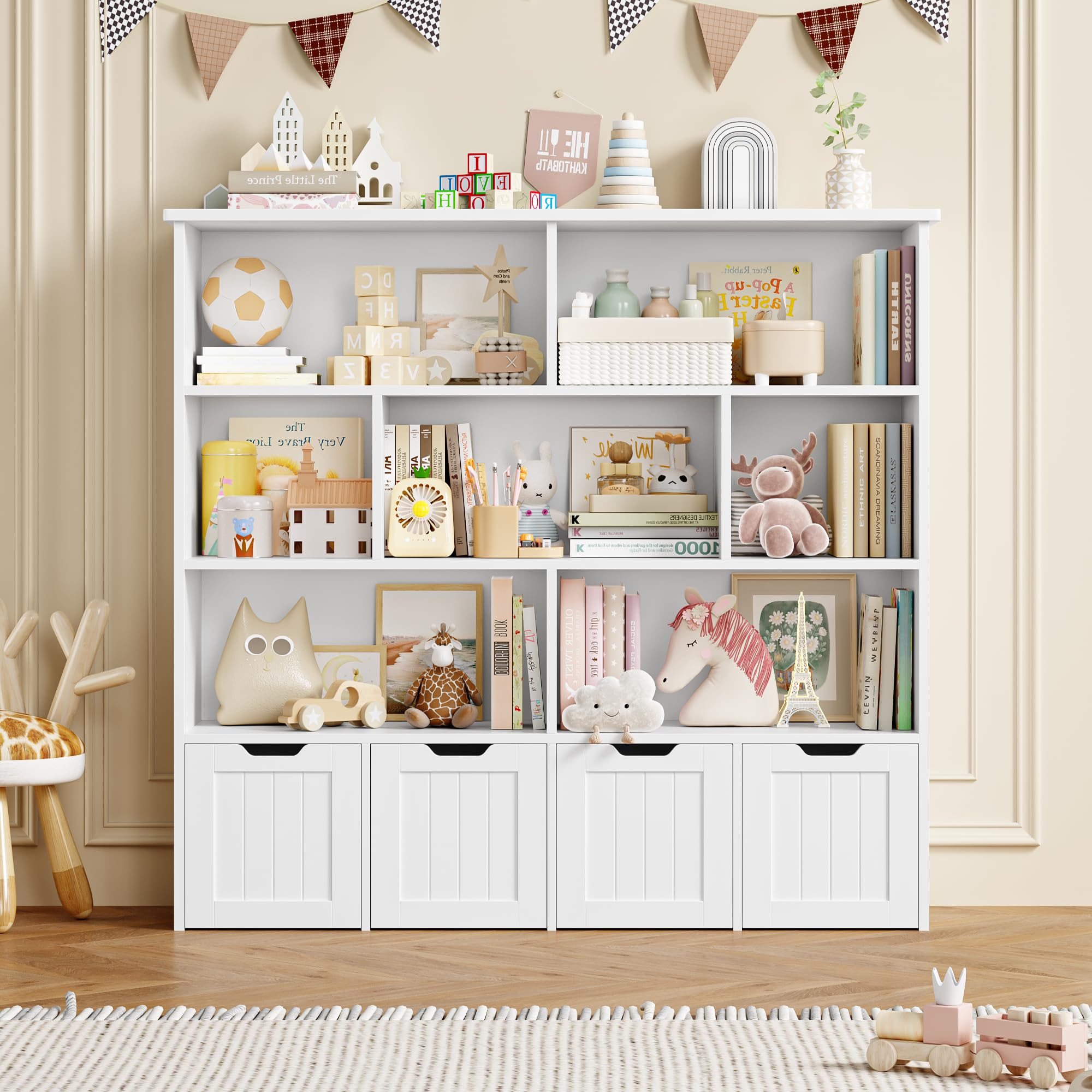 FOREHILL Kinderregal 4 Ebenen, Kinderzimmer Möbel, Bücherregal für Kinder | Kinderschrank mit Boxen auf Rollen, Spielzeug Aufbewahrung für Kinderzimmer, Kindergarten, Leseecke 125,5x33x118cm Weiß