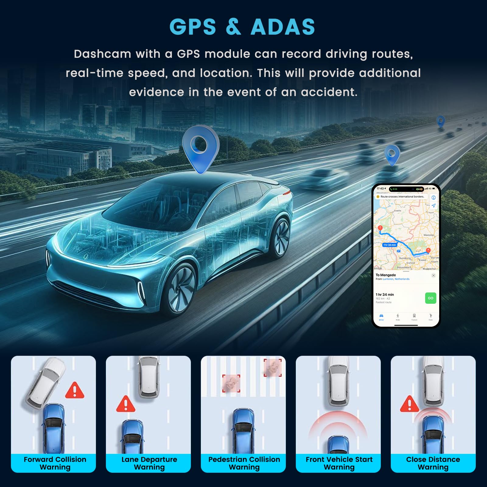 Inefala 4K WiFi Dashcam Espejo Retrovisor con GPS App, 9.66'' Espejo Retrovisor con Camara Frontal y Trasero, Cámara Retrovisor para Coche con Sensor G, Tarjeta SD de 64 GB, ADAS, Grabación en Bucle