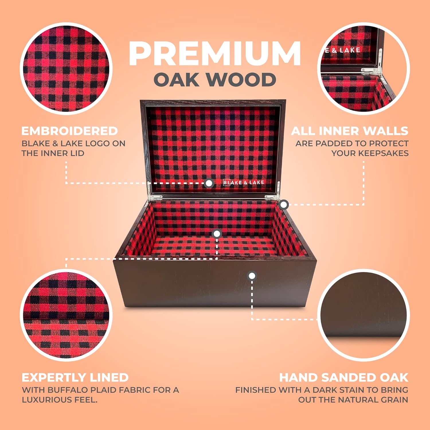 Blake & Lake Large Oak Wooden Keepsake Box - Storage Box Lined with Buffalo Plaid - Decorative Boxes for Home (Hinge Box)
