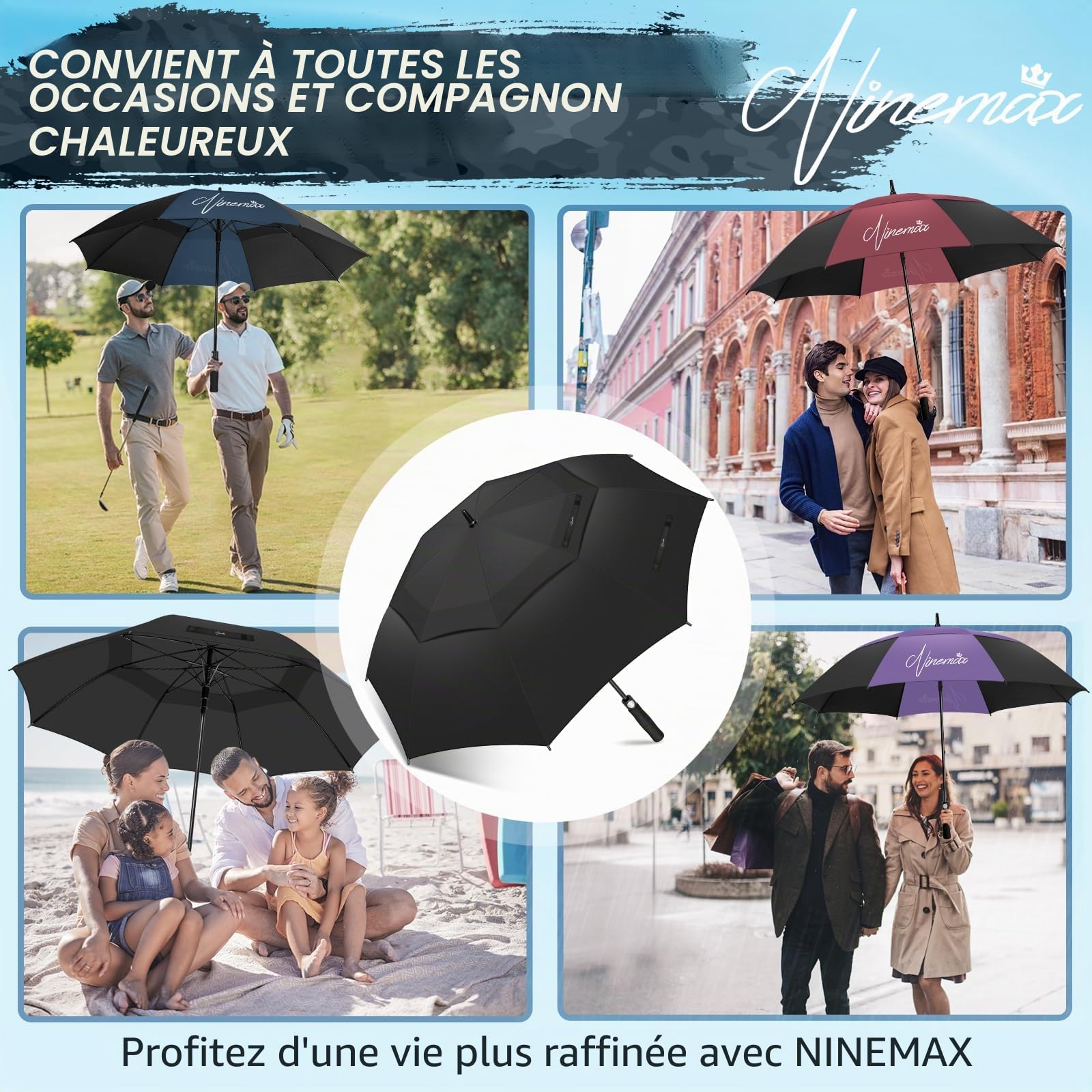 NINEMAX Grand Parapluie Golf, Ombrelle Grande Taille Anti Vent Solide