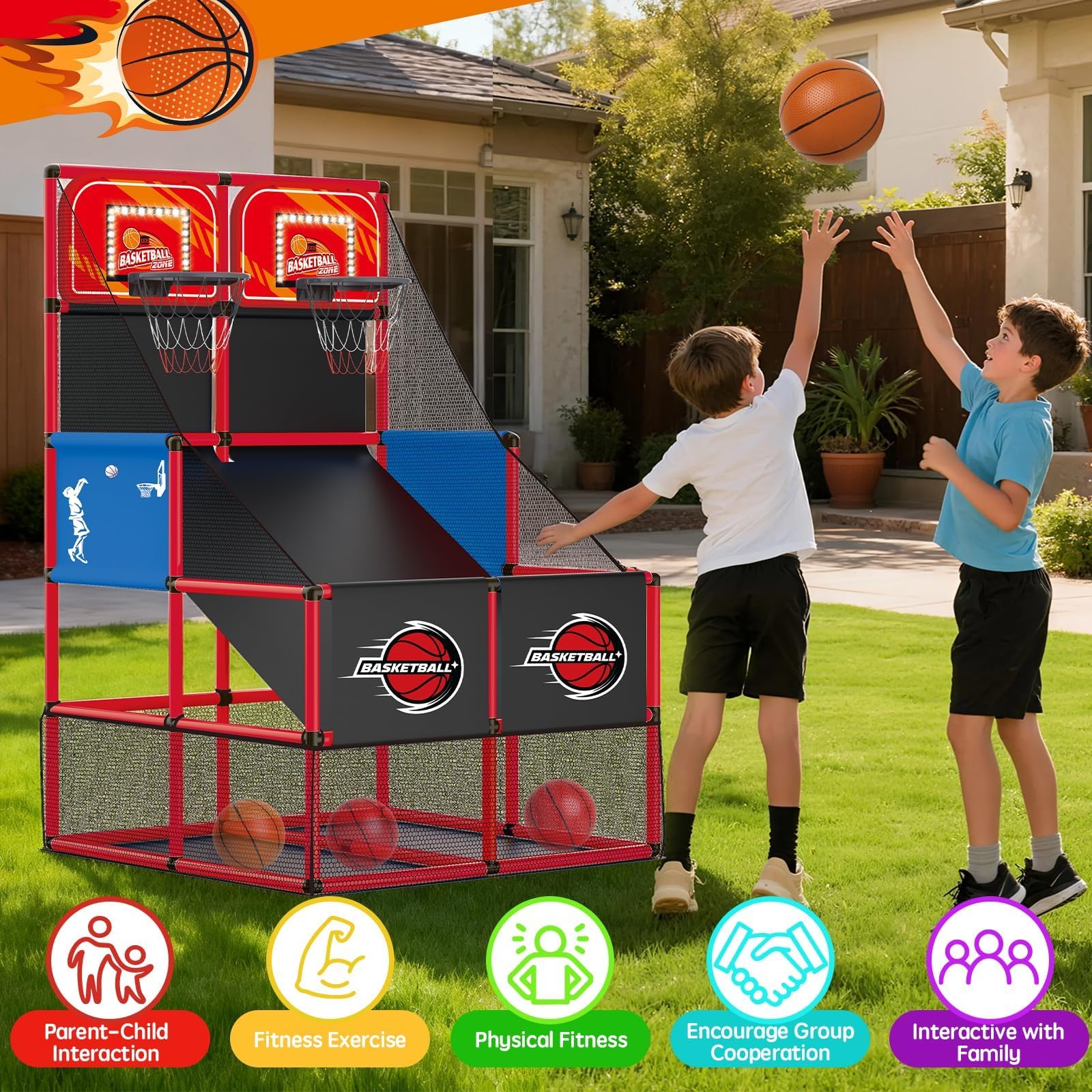 Arcade Toy Basketball Spielset für Kinder mit Punktetabelle – Elektronisches Basketballkorb für Kinder Sport-Spielzeug für drinnen und draußen, Geschenk für Mädchen Jungen 3 4 5 6 7 Jahre (Rot)