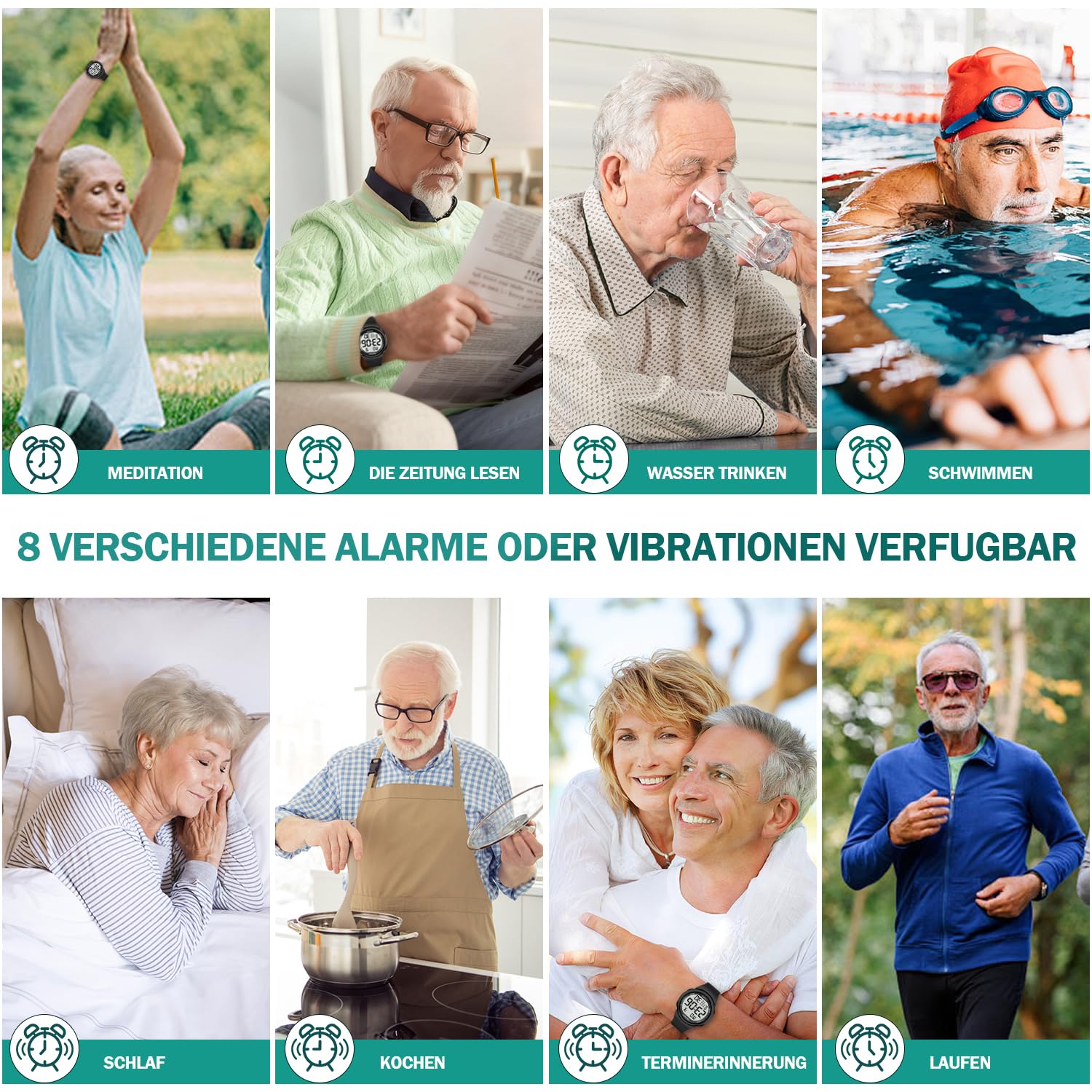 8 allarmi e orologio vibrante per anziani, promemoria medicinali per non udenti, grande orologio con numeri retroilluminati