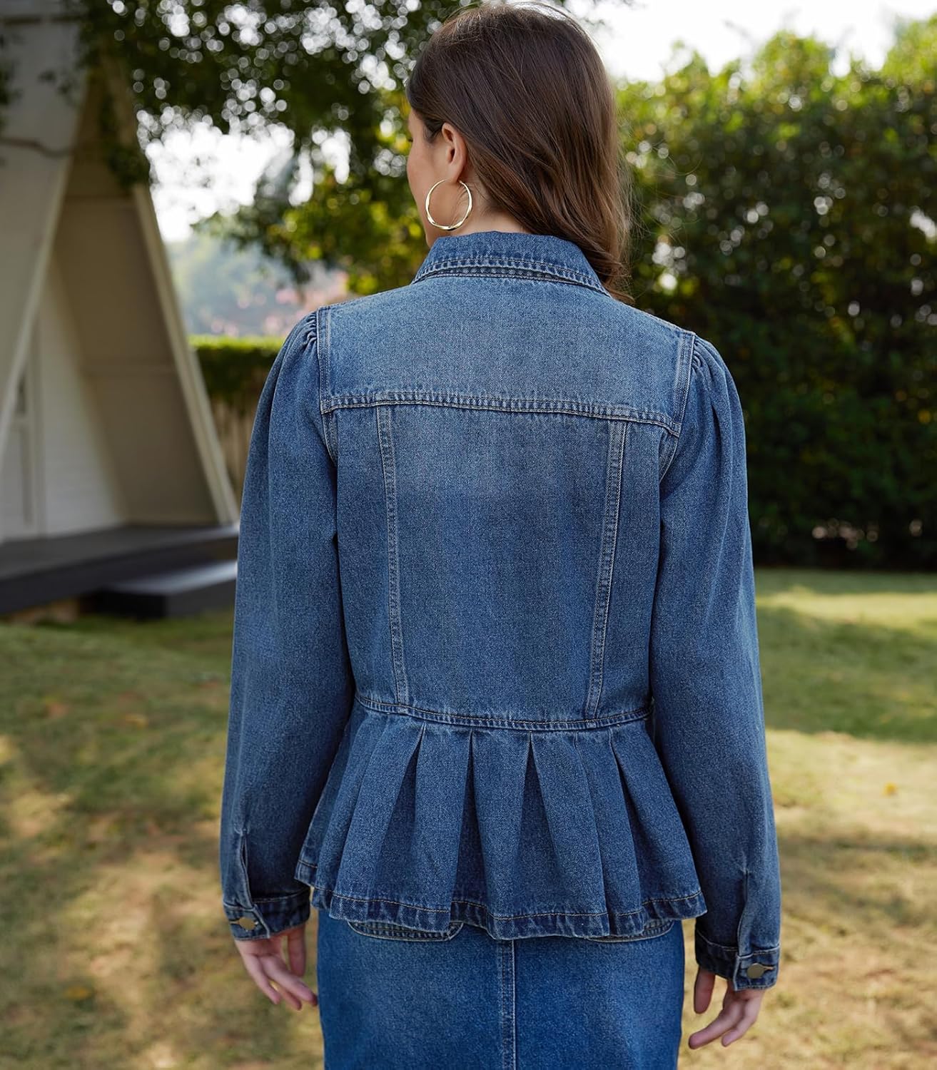 MISS MOLY Women's Denim Jacket Puff Sleeve Button Down Ruffle Hem Jean Jacket Coat
