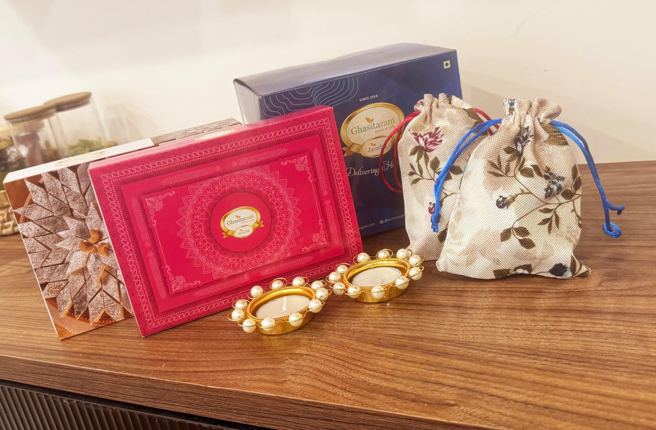 Ghasitaram Gifts Jaiccha Blue box of Kaju Katli, Milk cake, Almonds,Flavour Raisins in jute pouch and t-lights|Gift for Diwali,Holi,Valentine,Birthday,Anniversary,Her,Him,Mothers Day,Fathers Day|