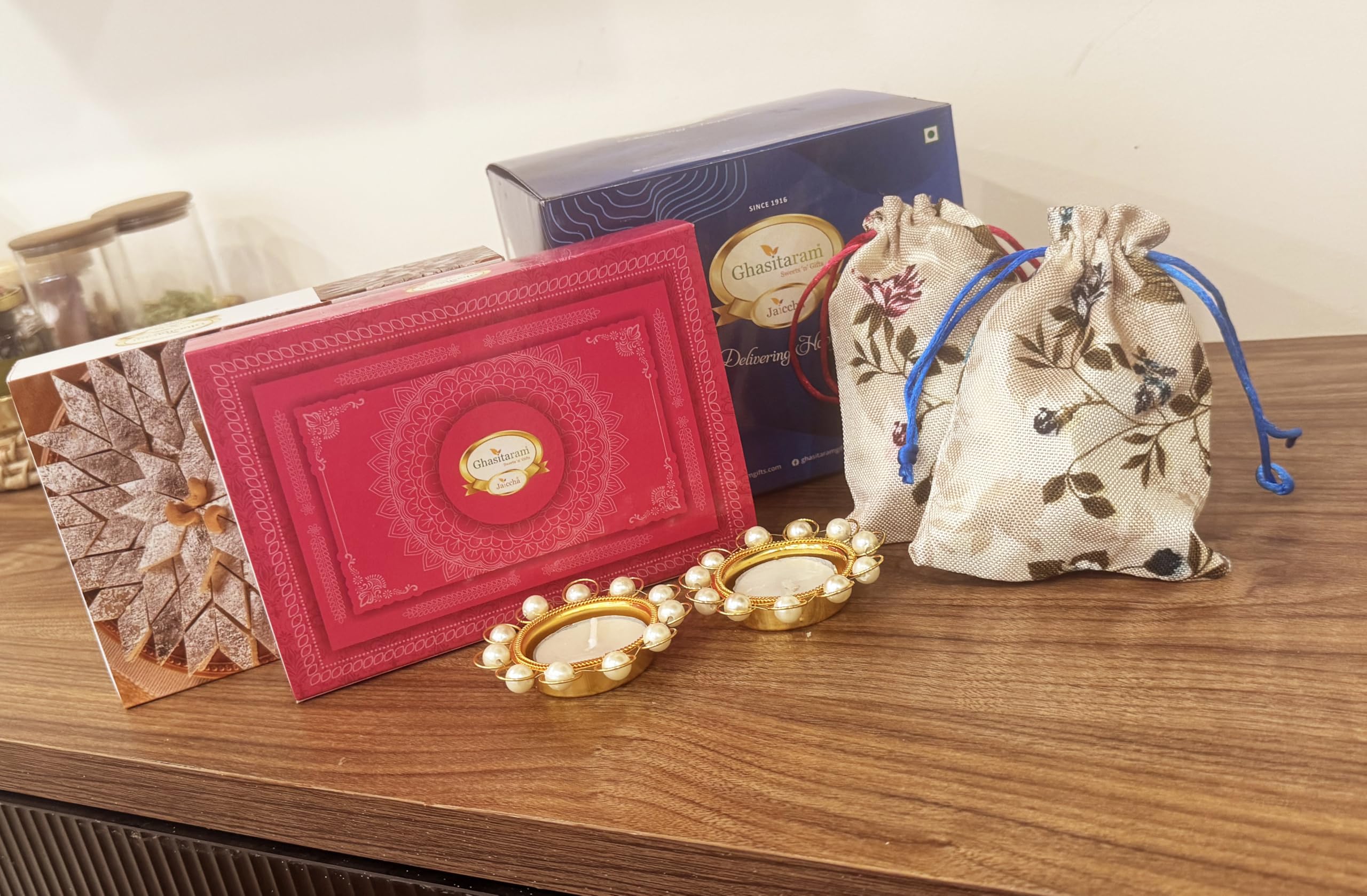 Ghasitaram Gifts Jaiccha Blue box of Kaju Katli, Milk cake, Almonds,Flavour Raisins in jute pouch and t-lights|Gift for Diwali,Holi,Valentine,Birthday,Anniversary,Her,Him,Mothers Day,Fathers Day|