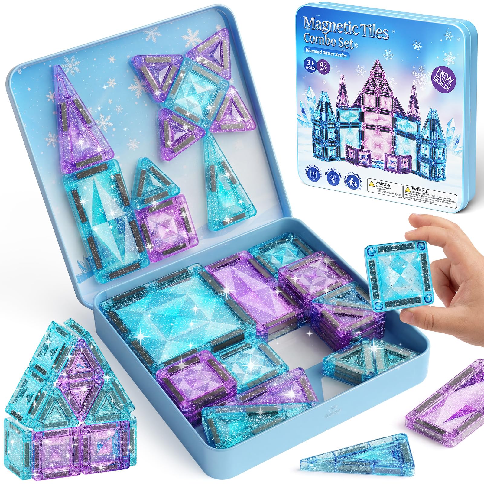 burgkidz Magnetic Tiles Girls Travel Toy, 42 PCS Ice Princess Tin Box Magnet Blocks - 60 Mins Quiet Play 30s Tidy Up - Car Airplane Train Camping Birthday Gift Age 3 4 5 6 7 8 years