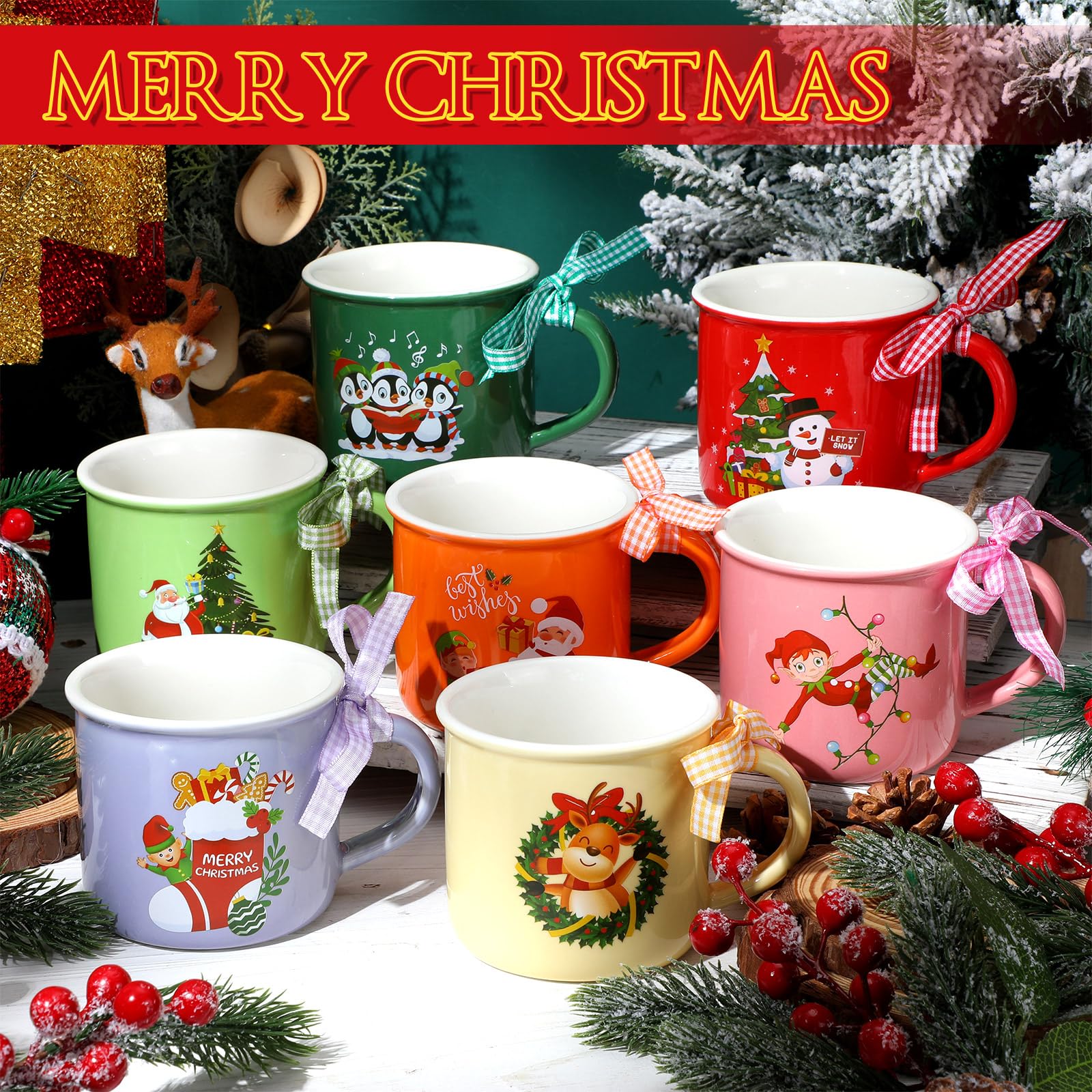 Baderke 12 tazas de cerámica de Navidad con diseño de muñeco de nieve de Papá Noel con cinta, tazas de café de Navidad de 325 ml, diseño de cacao caliente, tazas de café de vacaciones para centros de