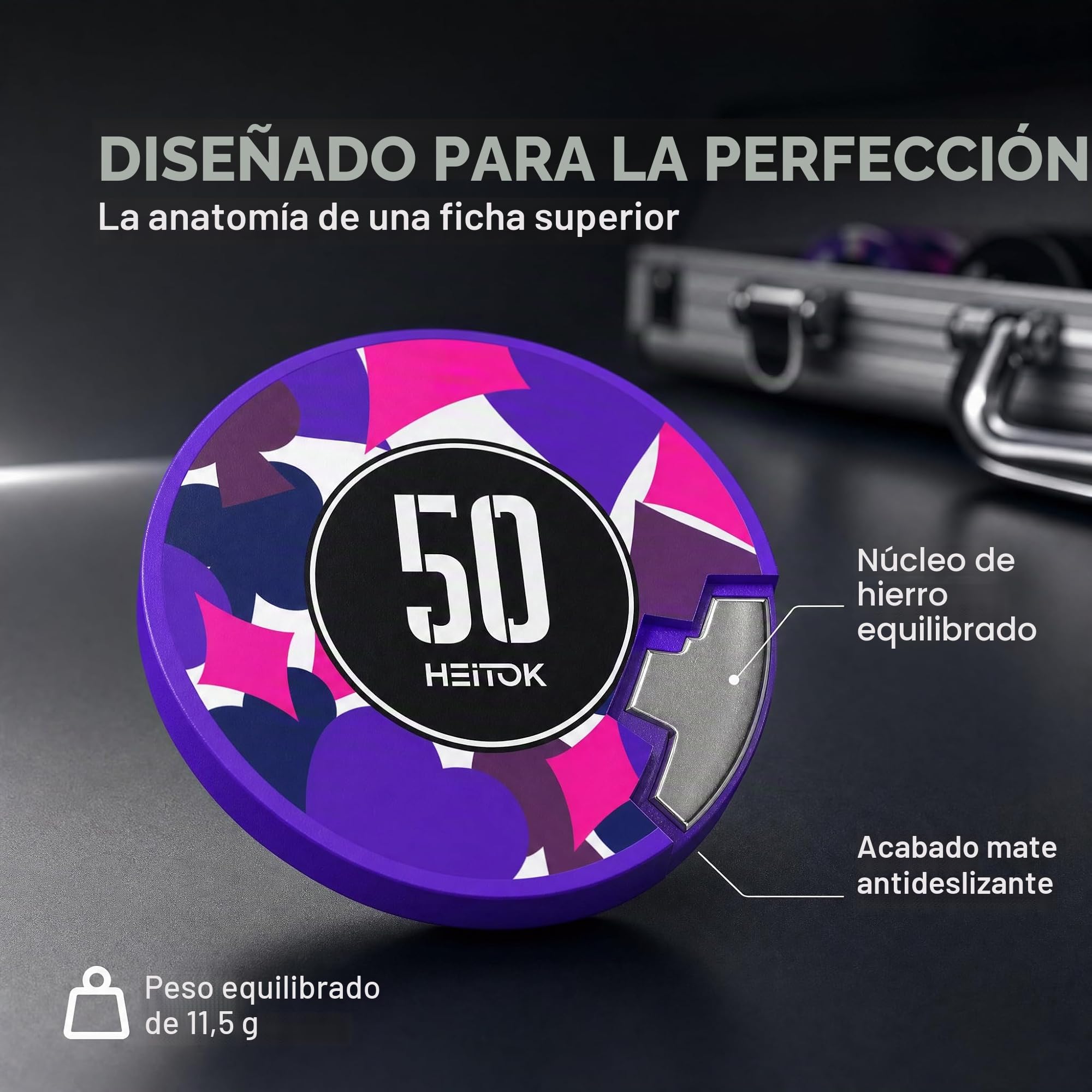 HEITOK Maletín de Póker Profesional 300 Fichas Numeradas 11.5g Peso Casino - Estuche Aluminio Reforzado, Botón Dealer y Barajas para Texas Holdem