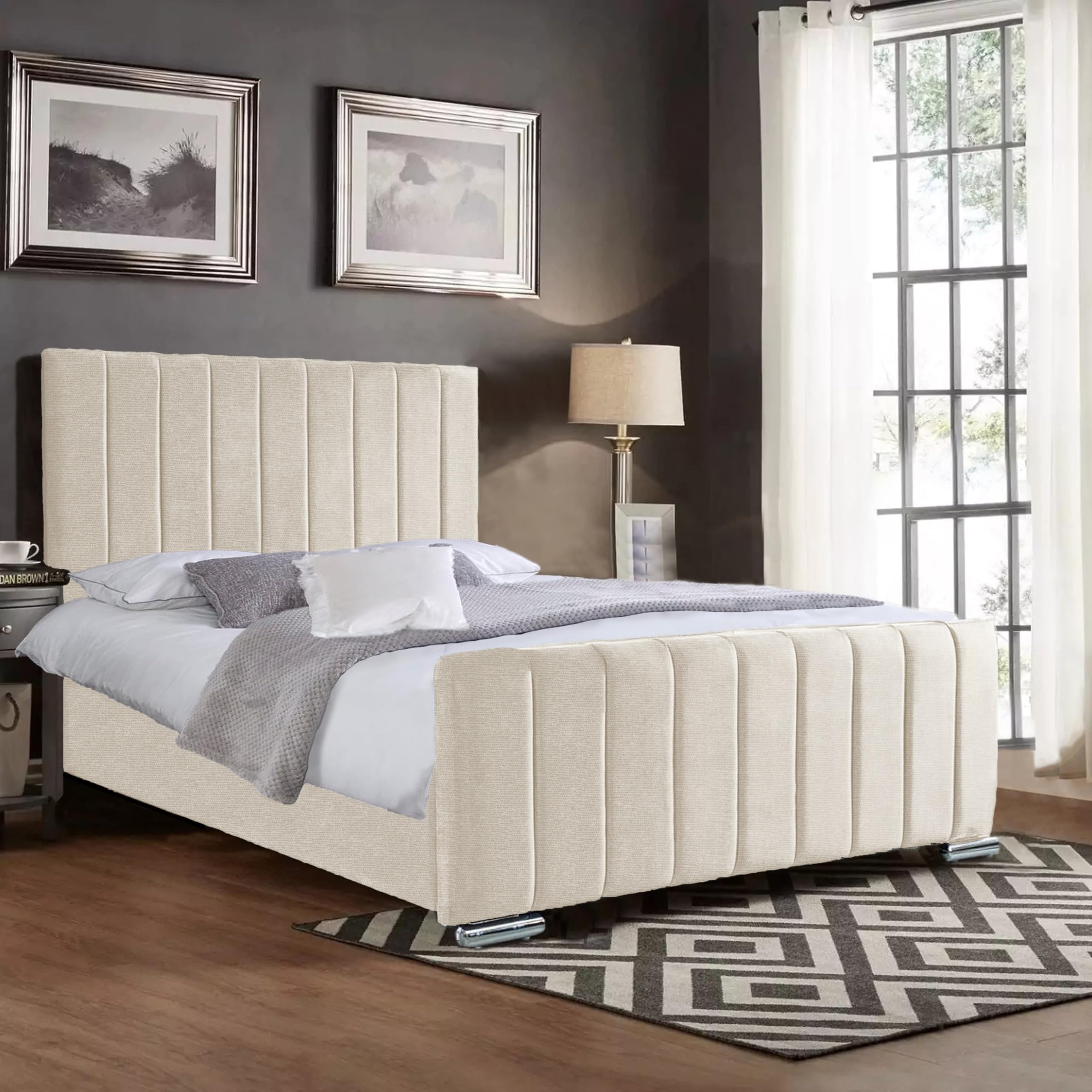 Small Double Bed Frame 4FT - Naples Upholstered Cream Bed Frames Double - Small Double Bed with Headboard, Footboard - Wooden Bed Frame - Cream Naples