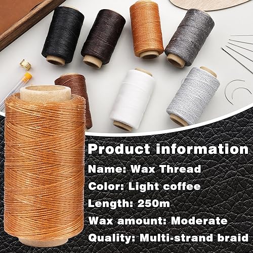 Miniatura 3 de Hilo encerado, hilo encerado de cuero para coser, hilo encerado de color café brillante, 820.2 ft con agujas de coser a mano de cuero, dedal, para