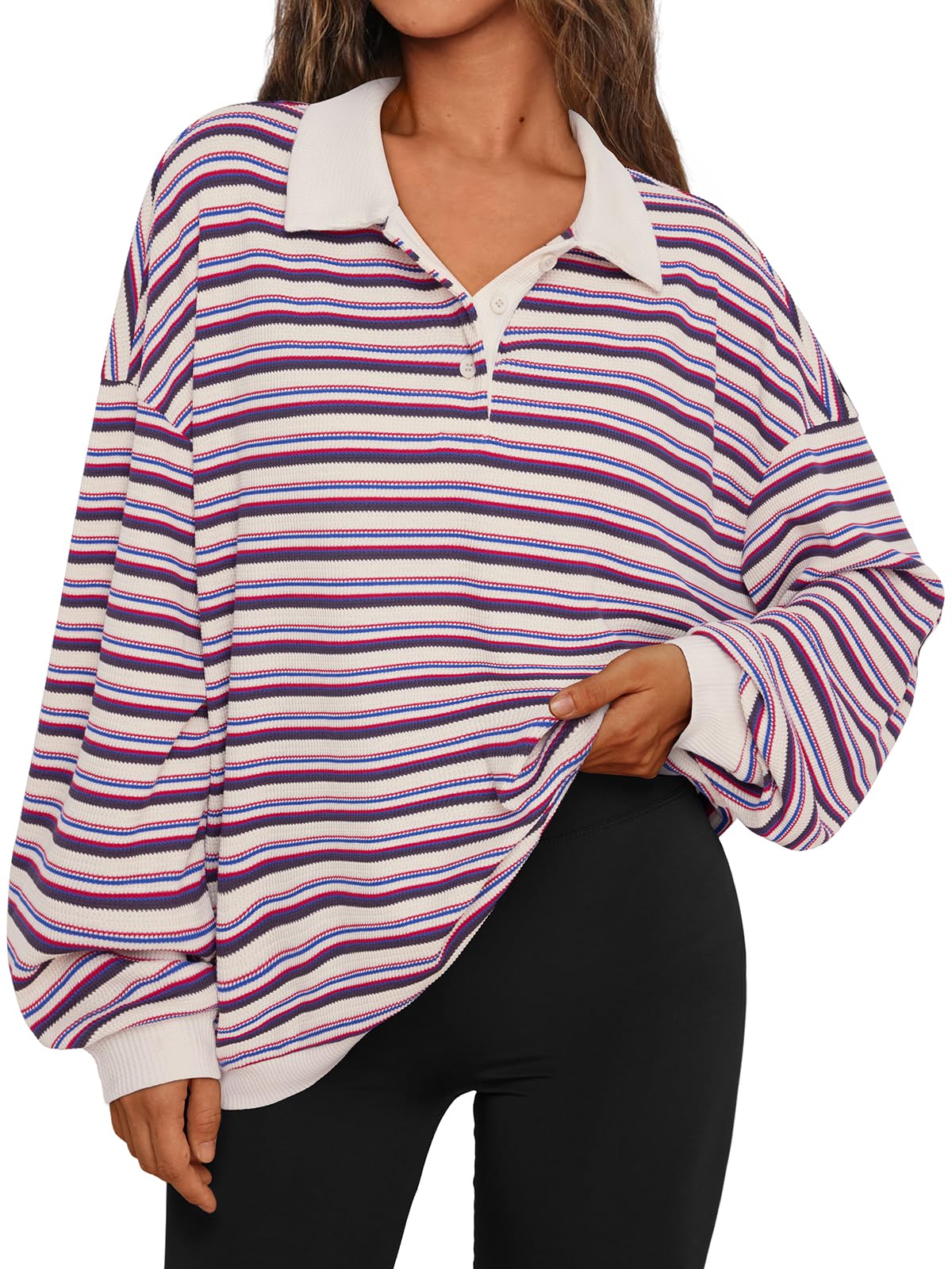 Trendy Queen Women's Oversized Striped Polo Sweatshirt